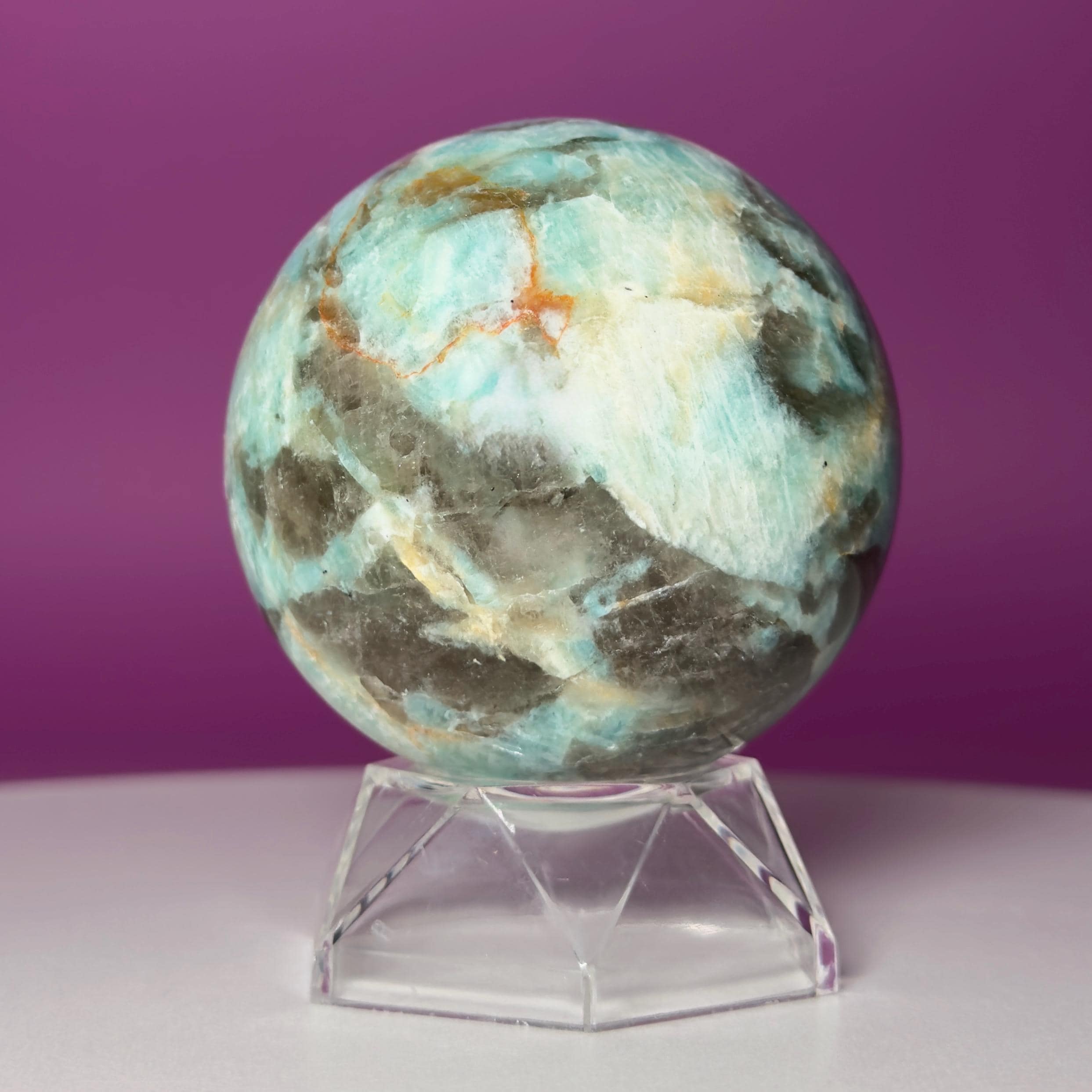 Amazonite with Smoky Quartz Sphere on Acrylic Stand – 377g
