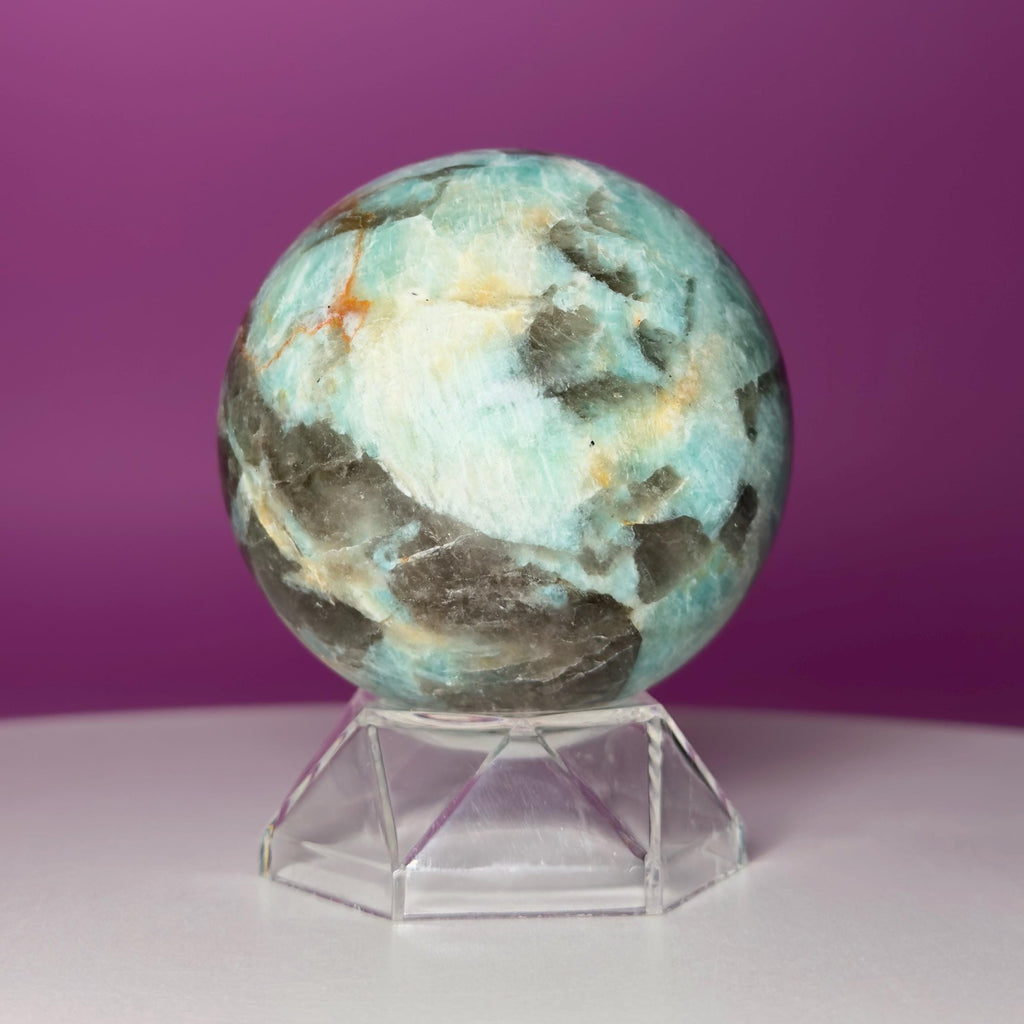 Amazonite with Smoky Quartz Sphere on Acrylic Stand – 377g