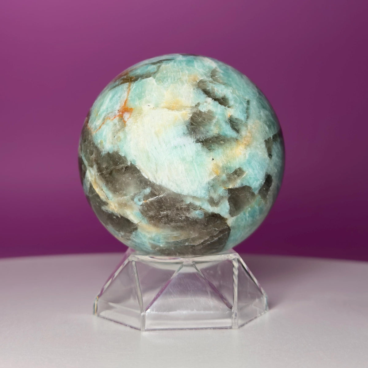 Amazonite with Smoky Quartz Sphere on Acrylic Stand – 377g