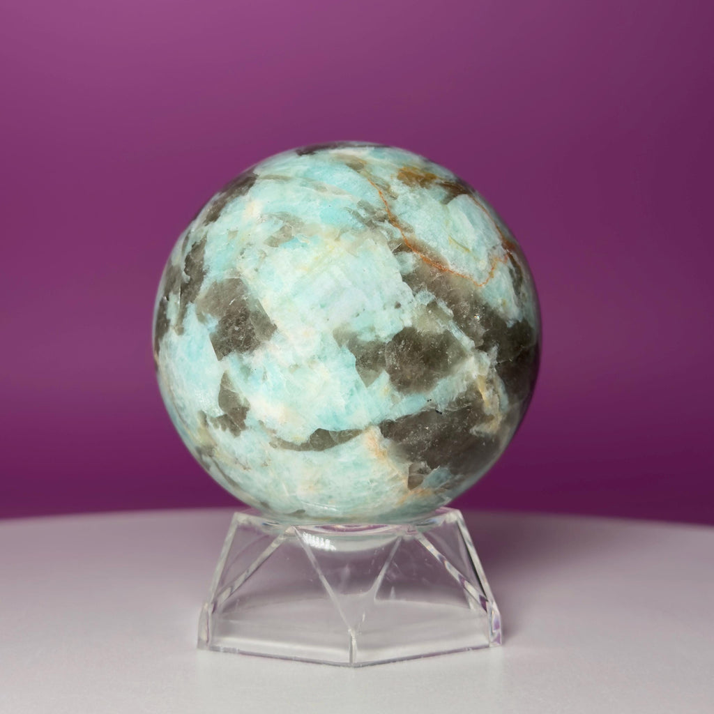 Amazonite with Smoky Quartz Sphere on Acrylic Stand – 377g