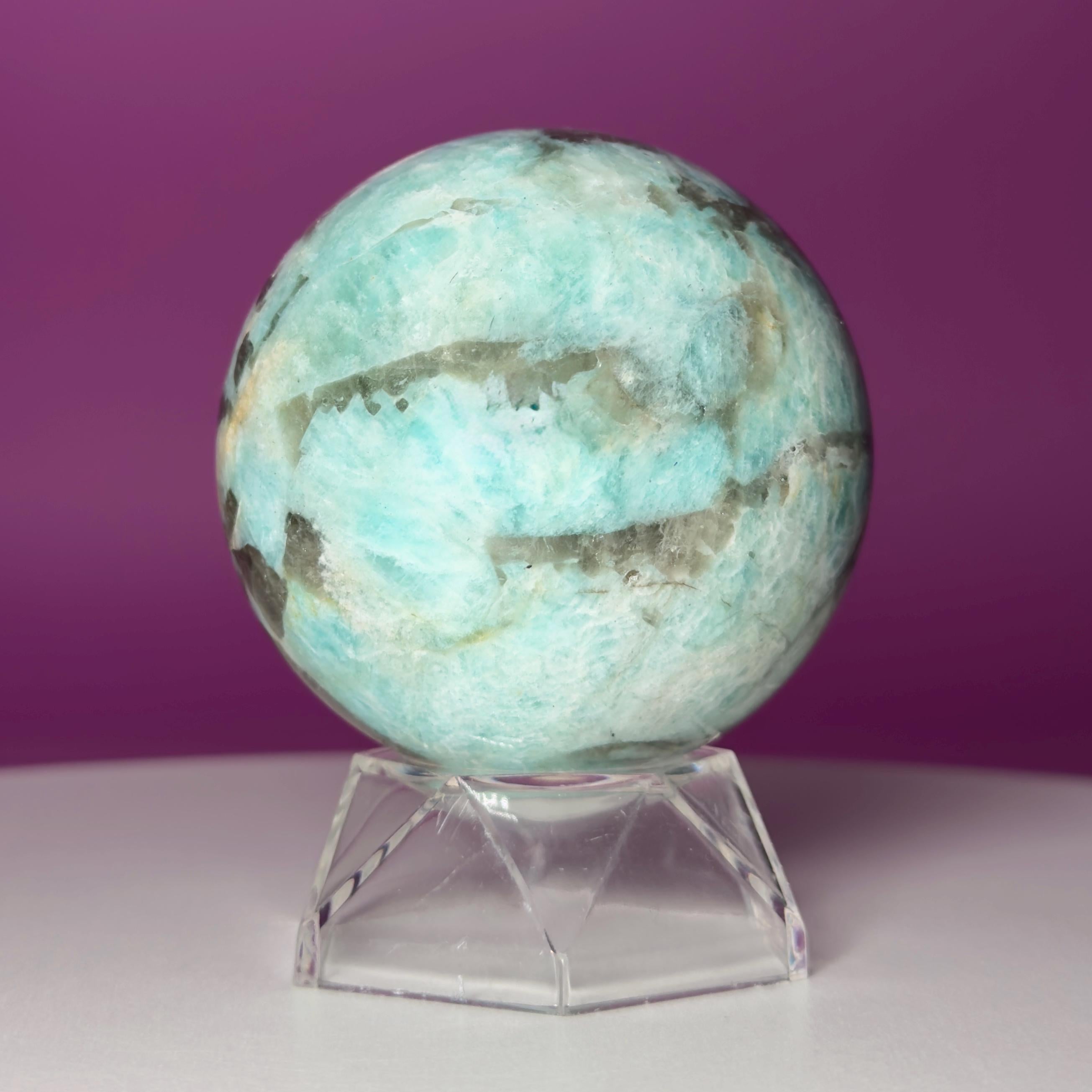 Amazonite with Smoky Quartz Sphere on Acrylic Stand – 377g