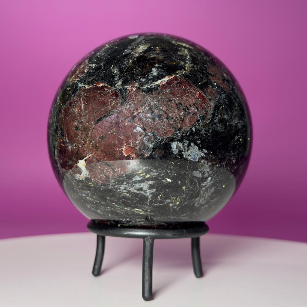 Garnet in Tourmaline Sphere on Wrought Iron Stand – 1756g