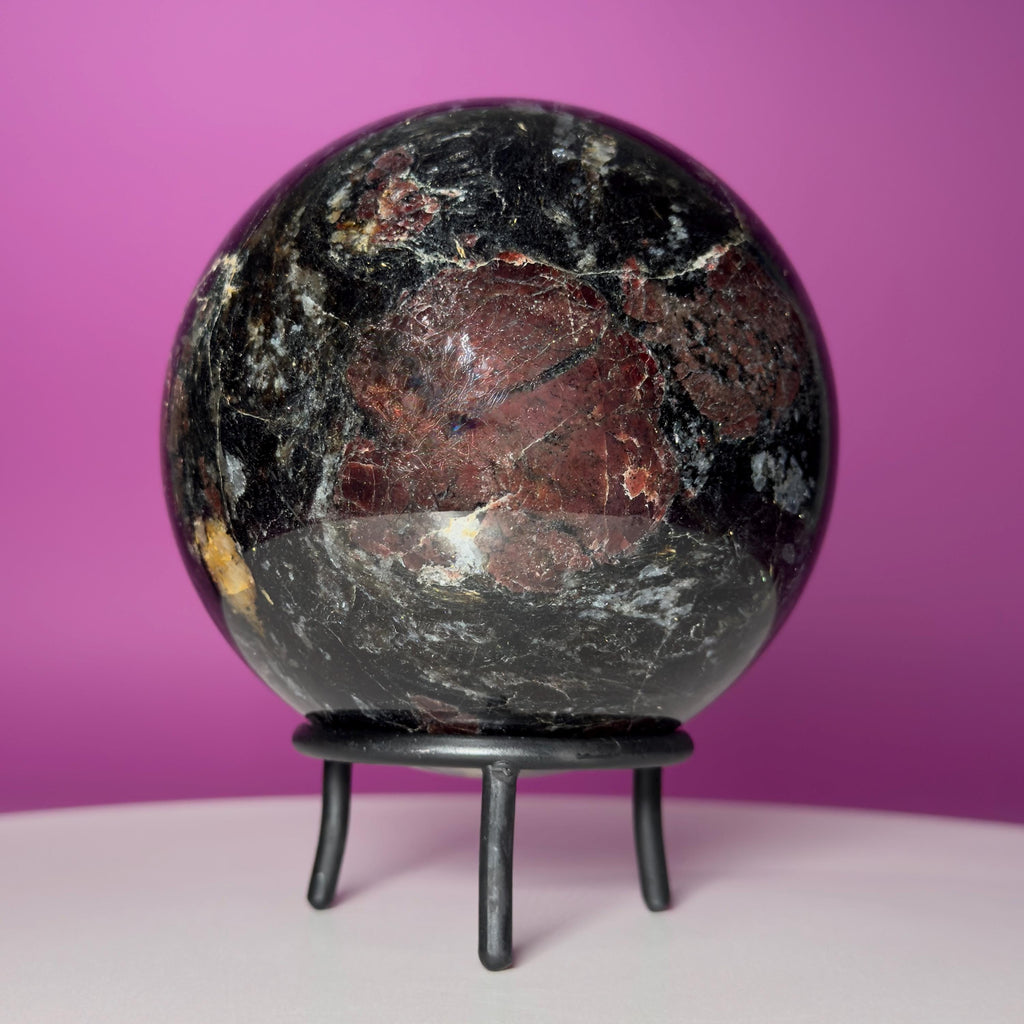 Garnet in Tourmaline Sphere on Wrought Iron Stand – 1756g