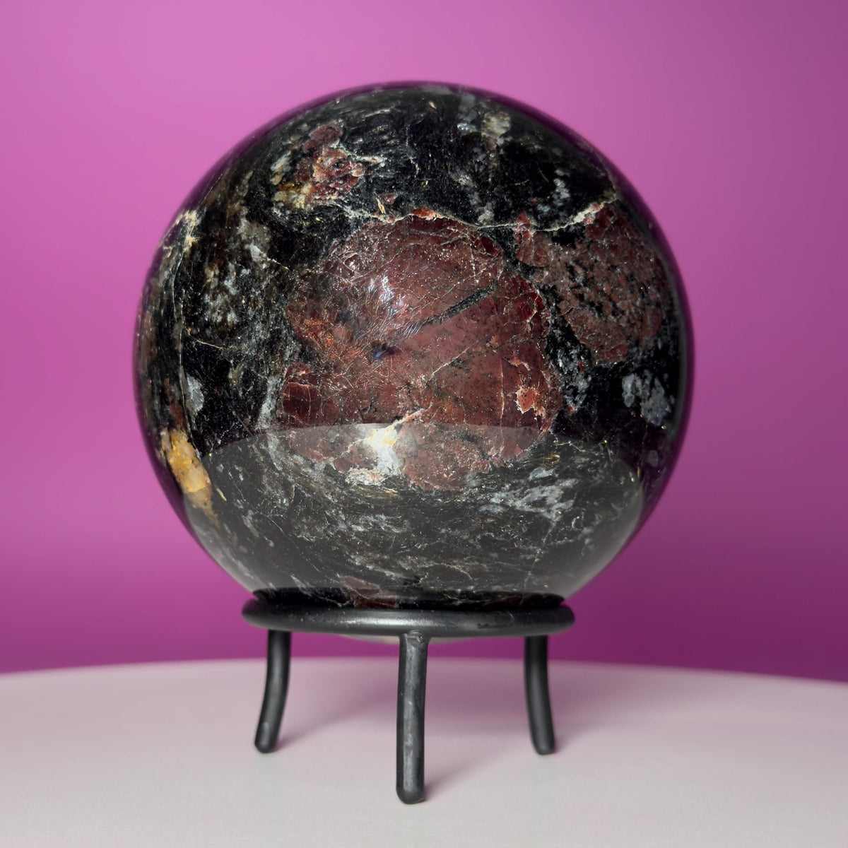 Garnet in Tourmaline Sphere on Wrought Iron Stand – 1756g