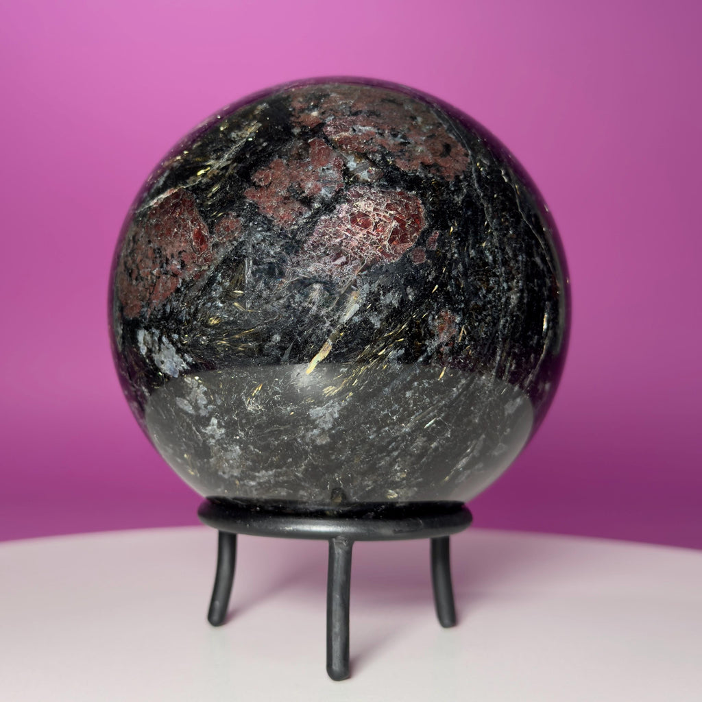 Garnet in Tourmaline Sphere on Wrought Iron Stand – 1756g
