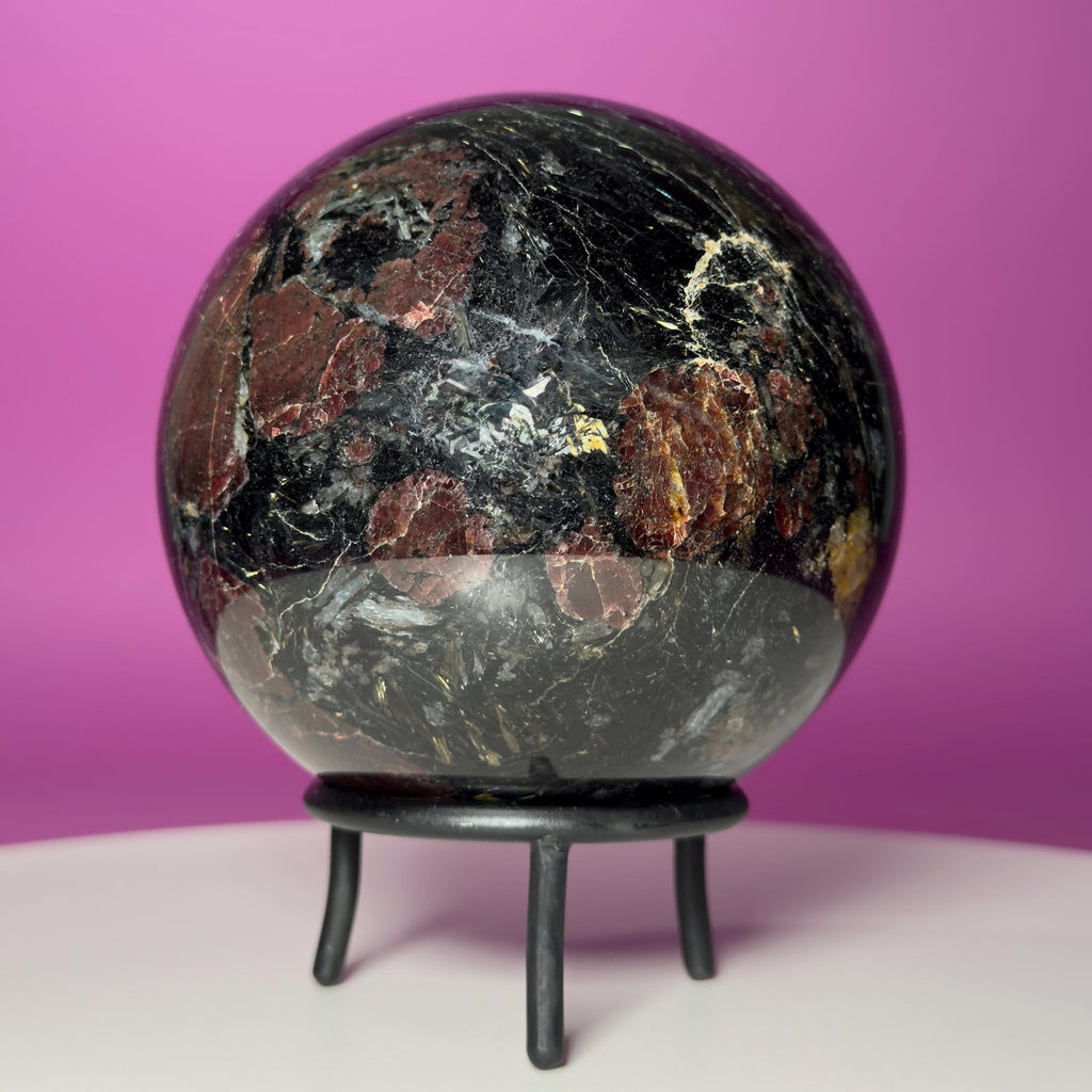 Garnet in Tourmaline Sphere on Wrought Iron Stand – 1756g