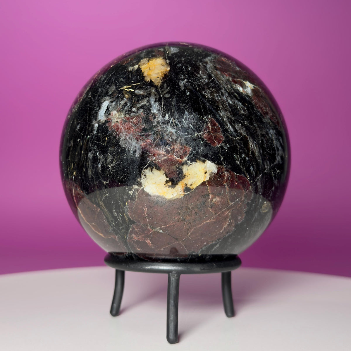 Garnet in Tourmaline Sphere on Wrought Iron Stand – 1756g