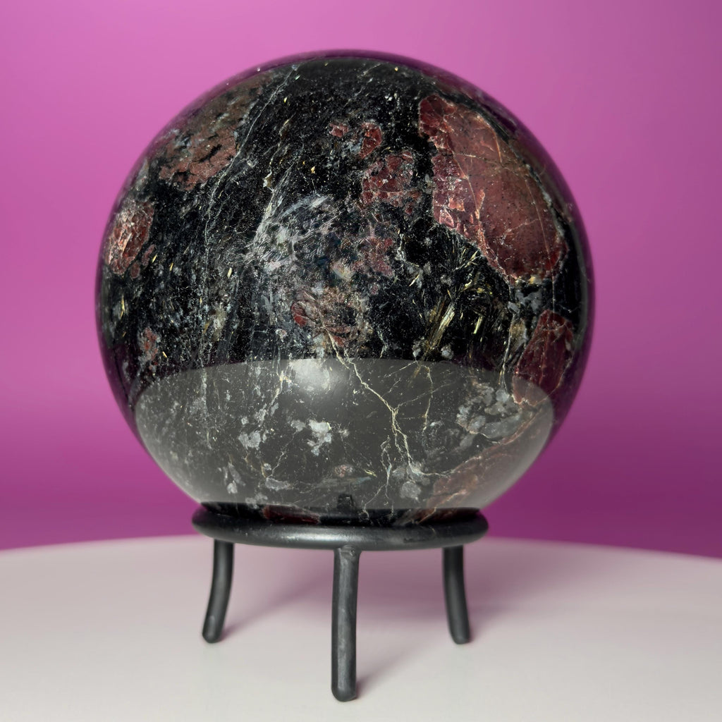 Garnet in Tourmaline Sphere on Wrought Iron Stand – 1756g
