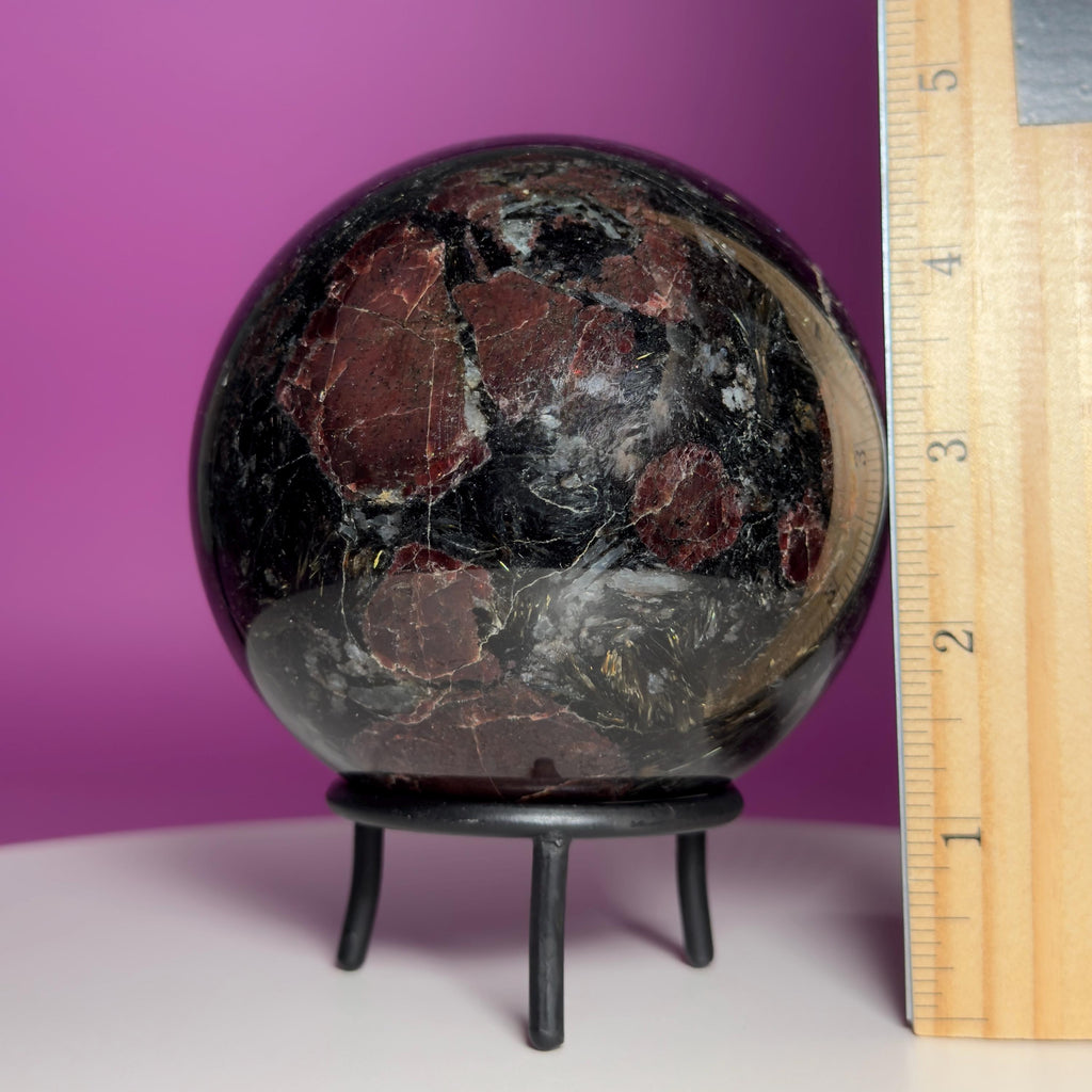 Garnet in Tourmaline Sphere on Wrought Iron Stand – 1756g