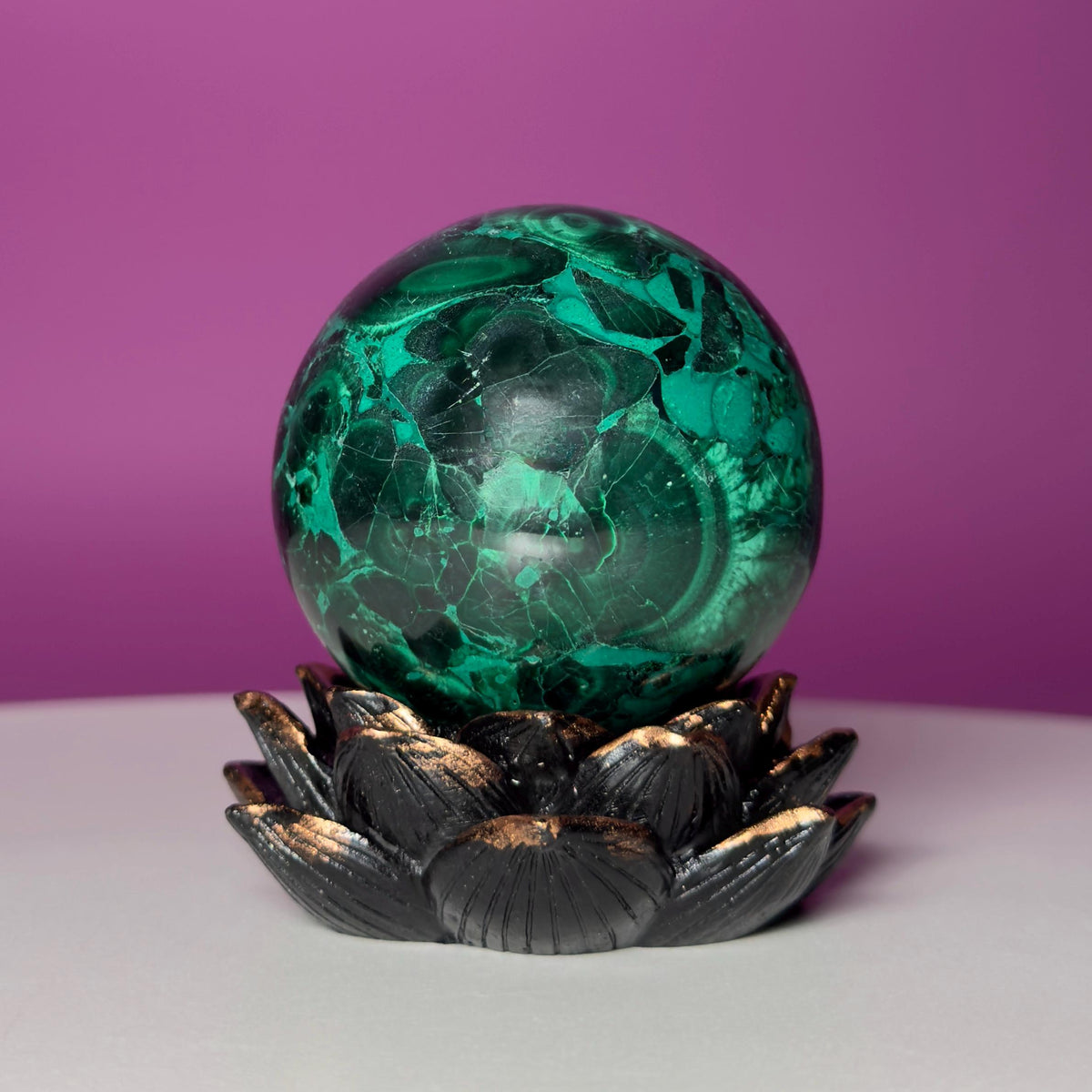 Malachite Sphere on Lotus Flower Stand – 248g