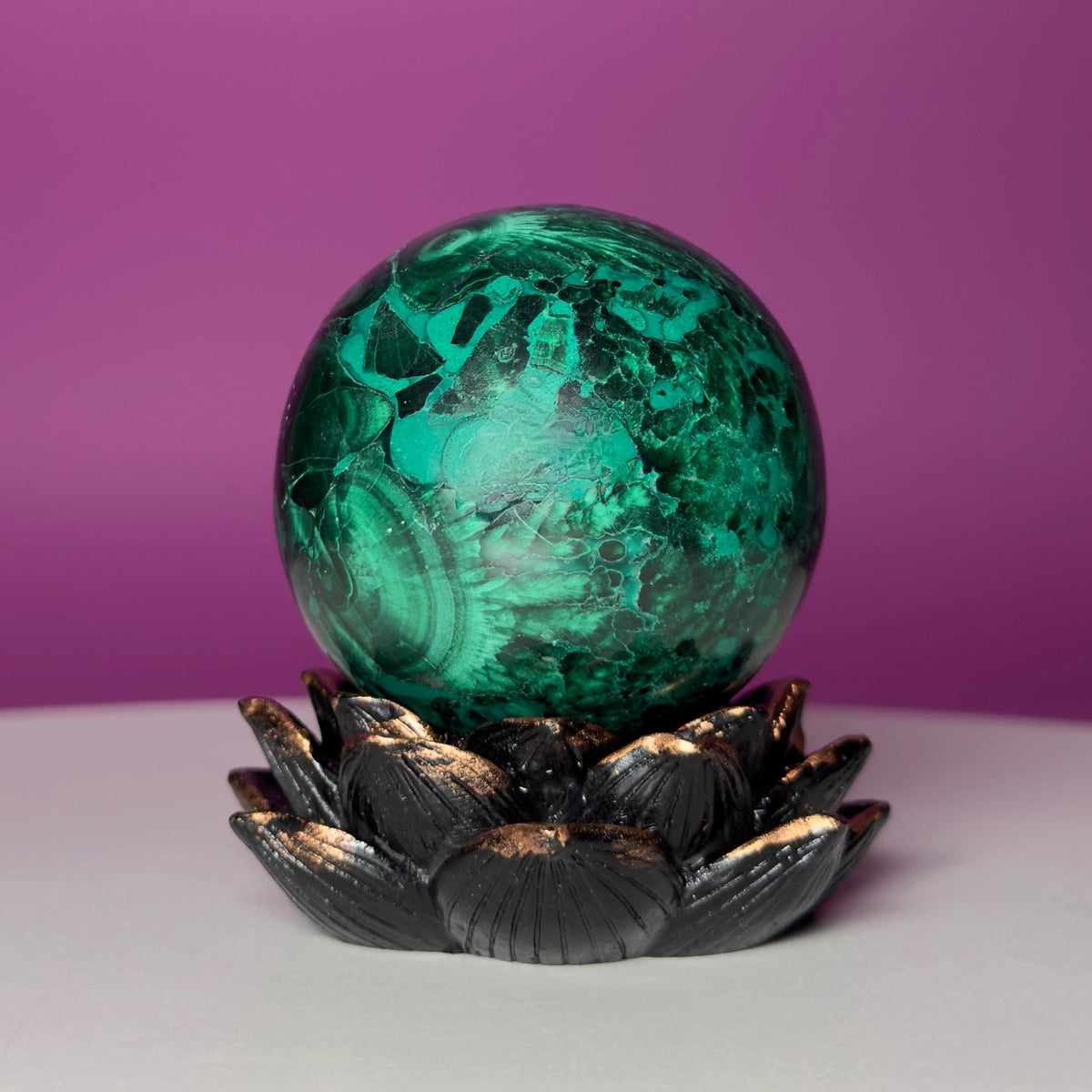 Malachite Sphere on Lotus Flower Stand – 248g