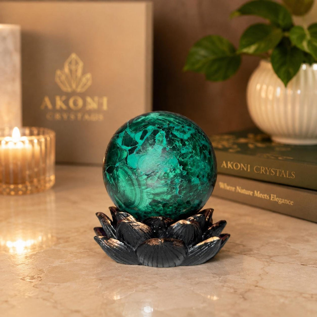 Malachite Sphere on Lotus Flower Stand – 248g