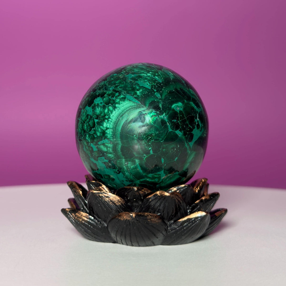 Malachite Sphere on Lotus Flower Stand – 248g