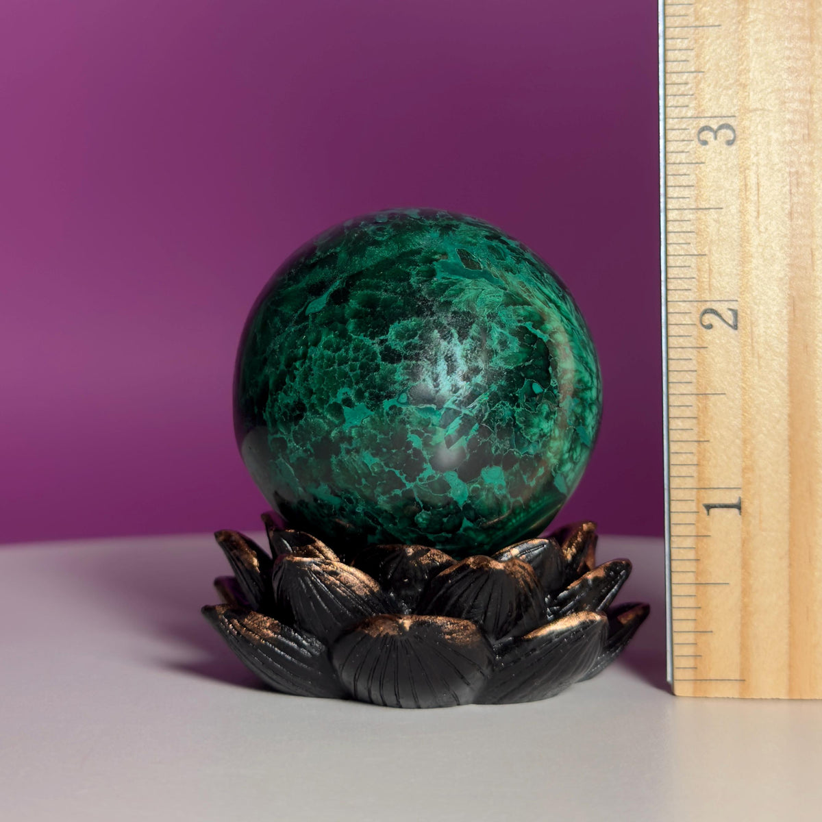 Malachite Sphere on Lotus Flower Stand – 248g