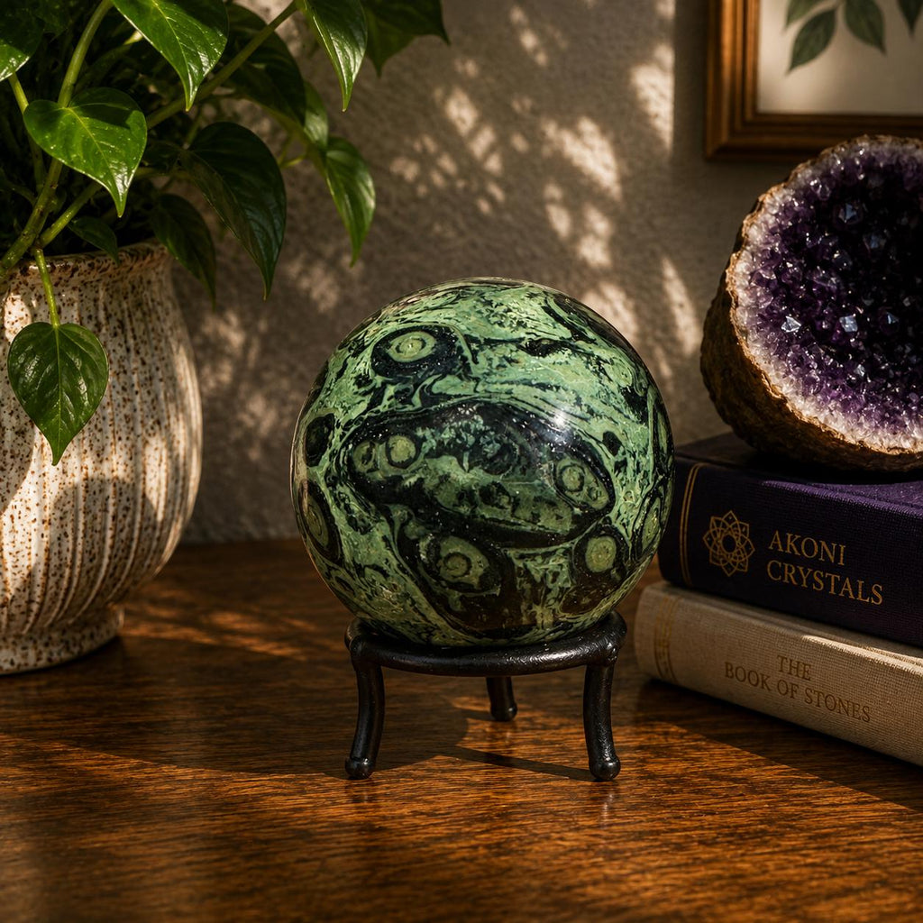 Kambaba Jasper Sphere with Wrought Iron Stand | 68mm Crystal