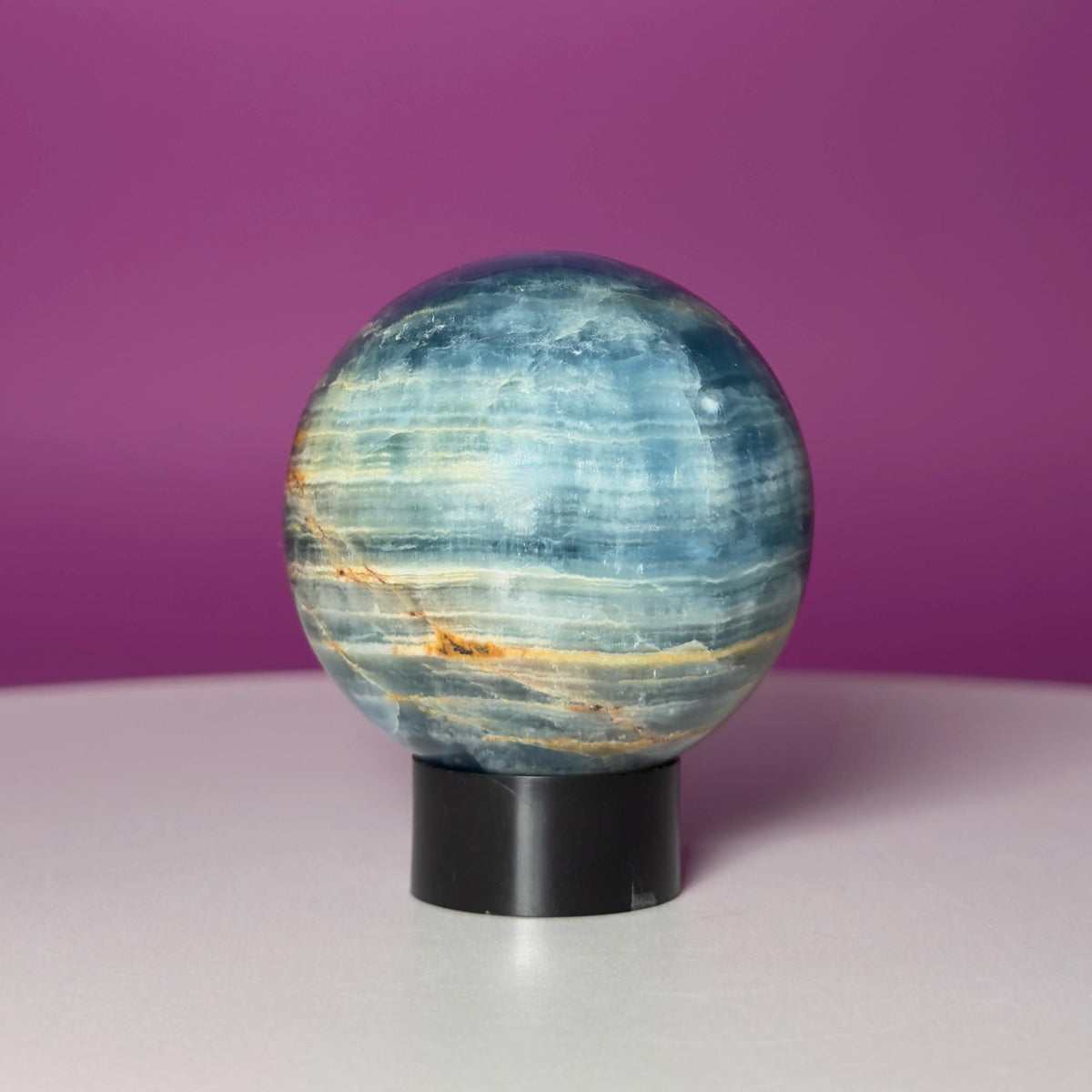 Blue Onyx Sphere with Black Stand | 50mm Banded Calcite