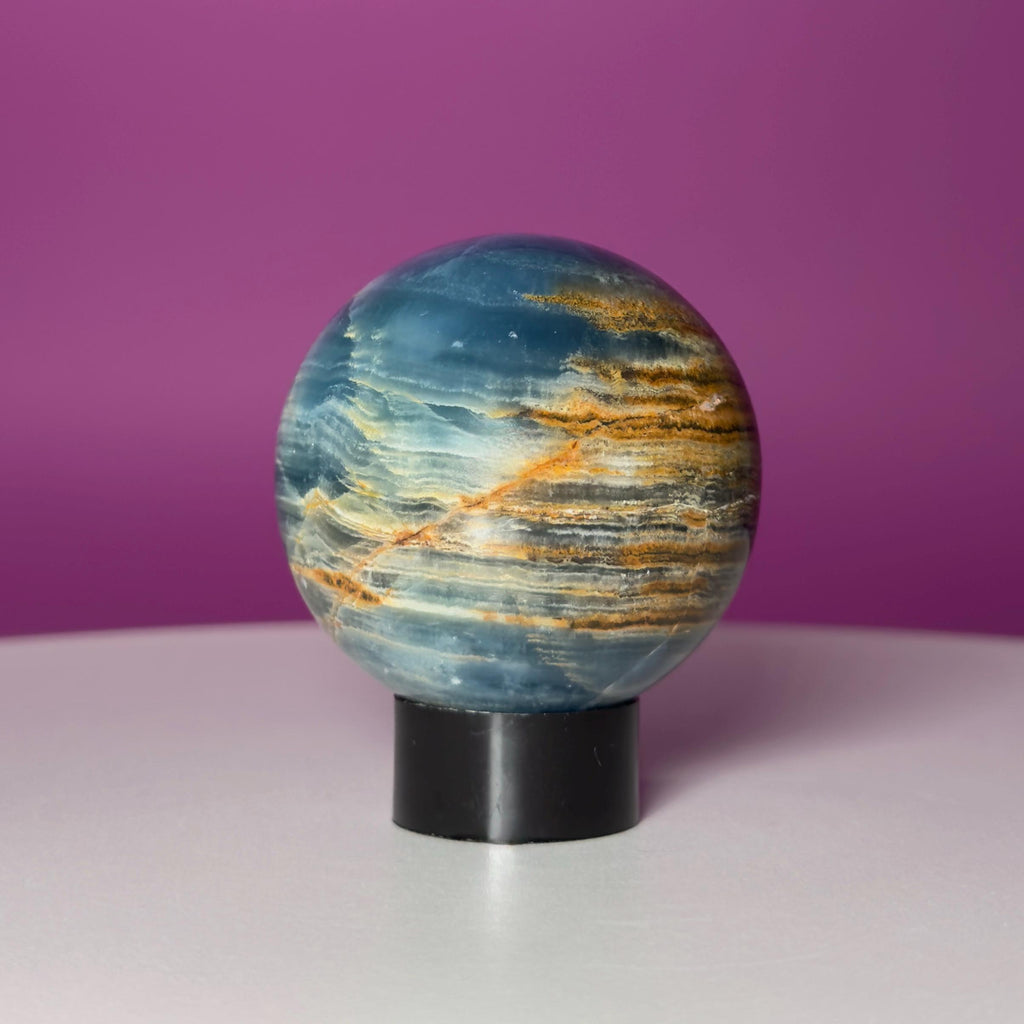 Blue Onyx Sphere with Black Stand | 50mm Banded Calcite