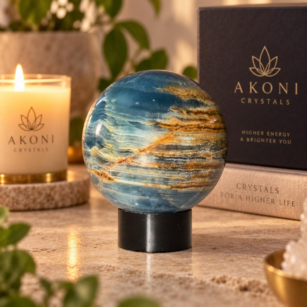 Blue Onyx Sphere with Black Stand | 50mm Banded Calcite