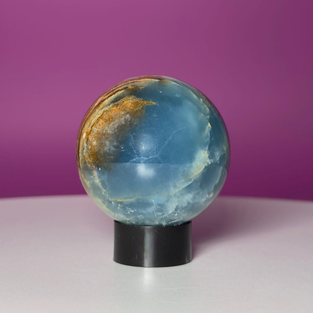 Blue Onyx Sphere with Black Stand | 50mm Banded Calcite