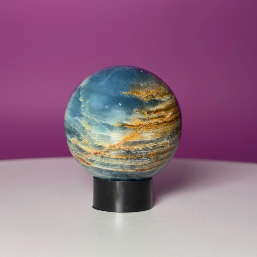 Blue Onyx Sphere with Black Stand | 50mm Banded Calcite