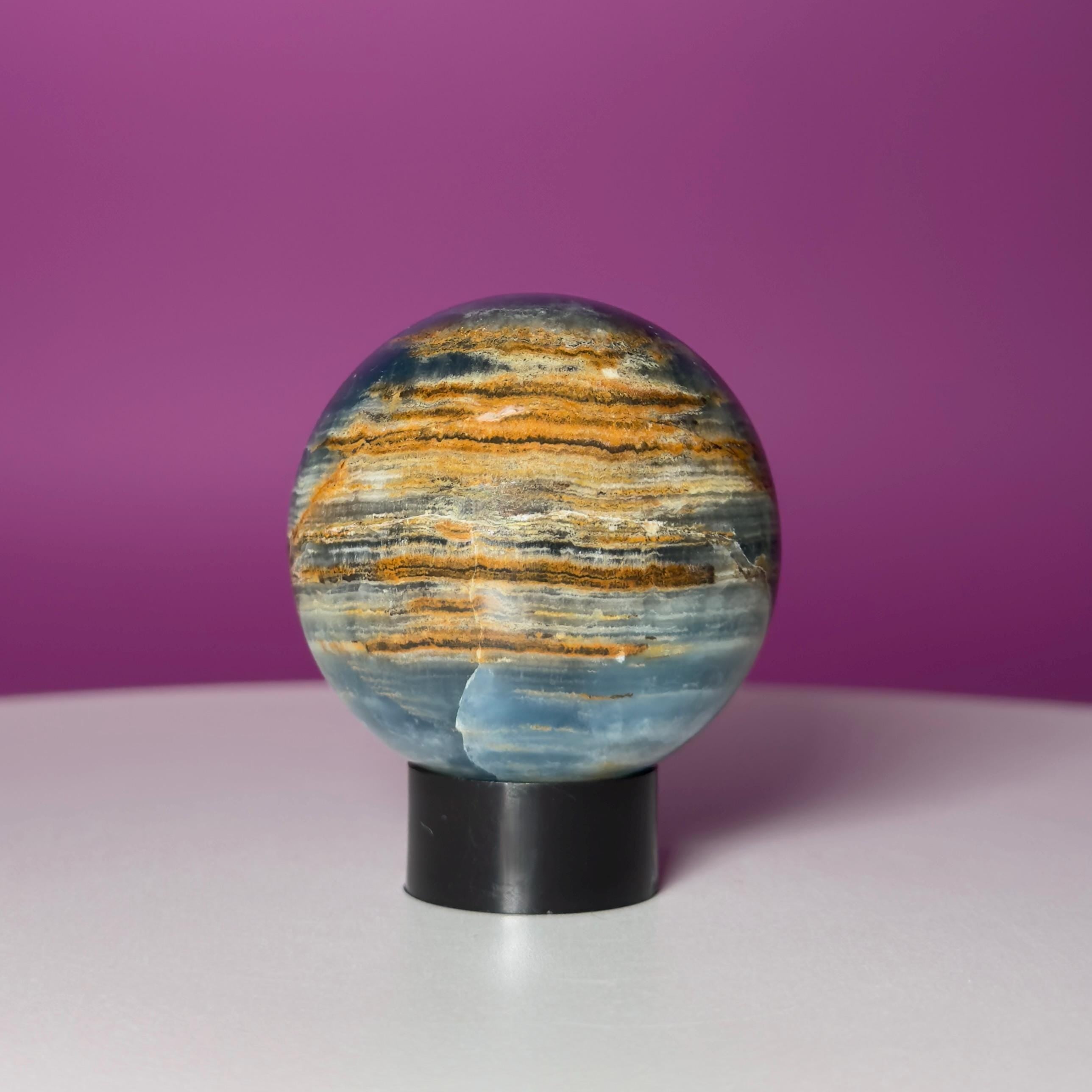 Blue Onyx Sphere with Black Stand | 50mm Banded Calcite
