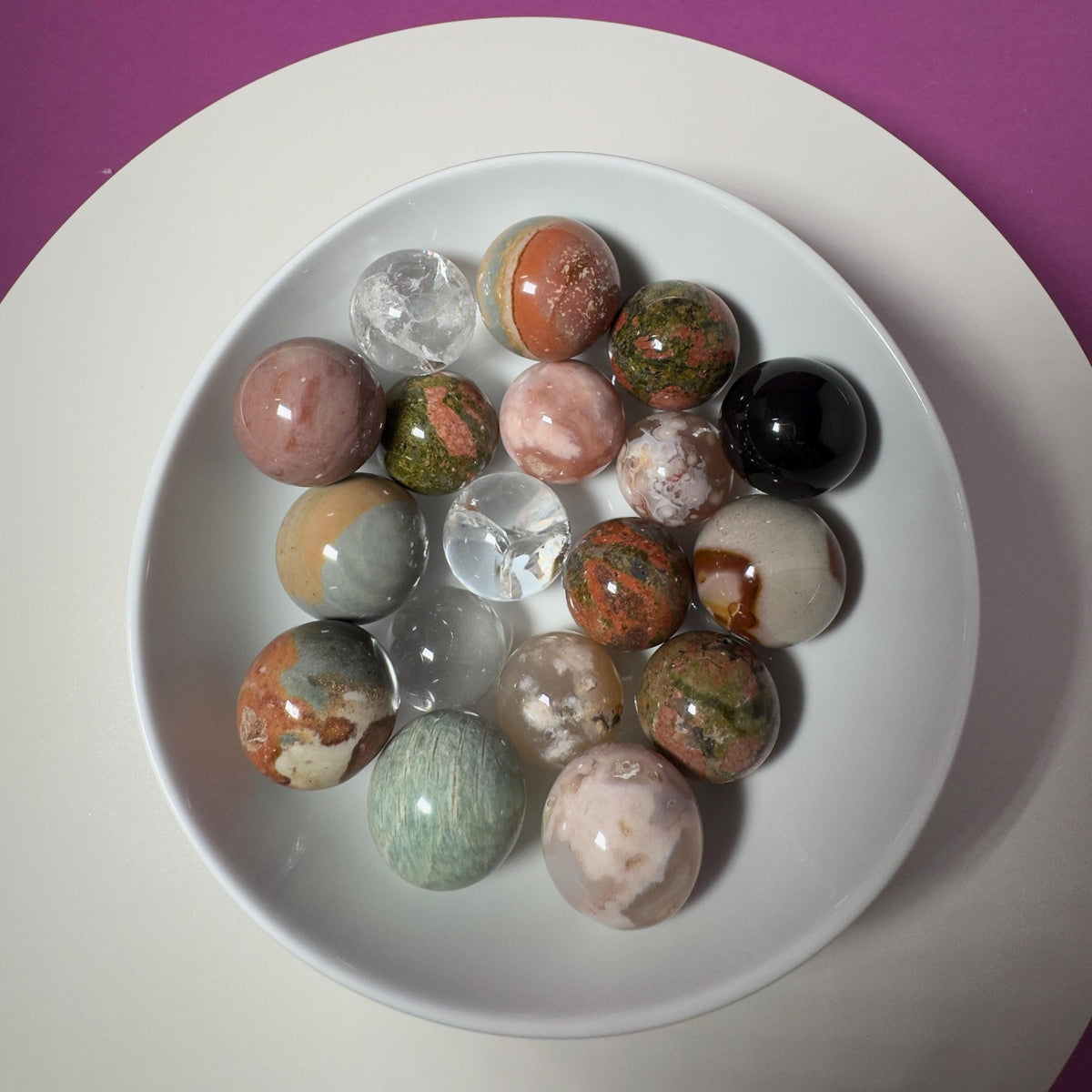 Wholesale Mini Crystal Sphere Lot – 18 Mixed Stone Spheres