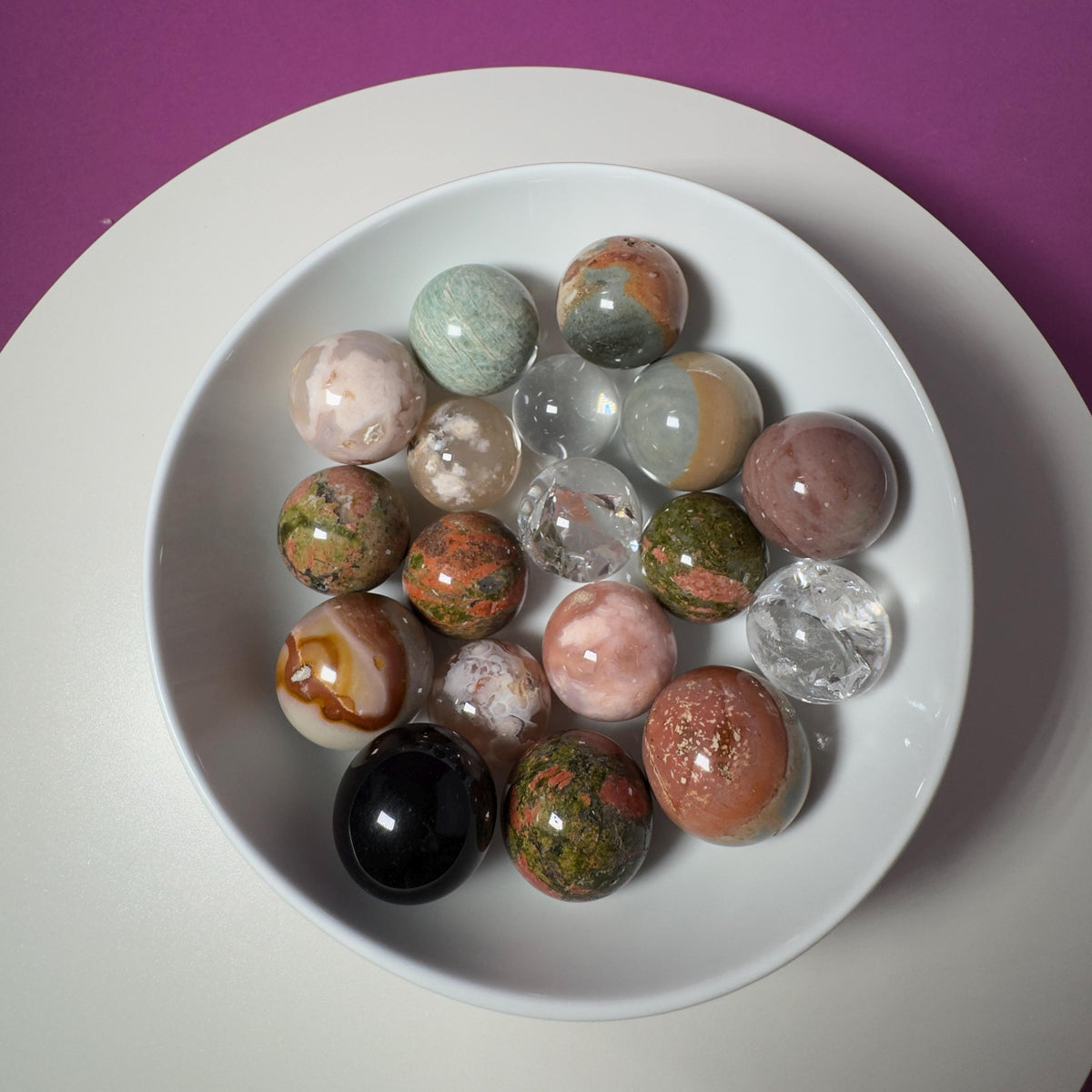 Wholesale Mini Crystal Sphere Lot – 18 Mixed Stone Spheres