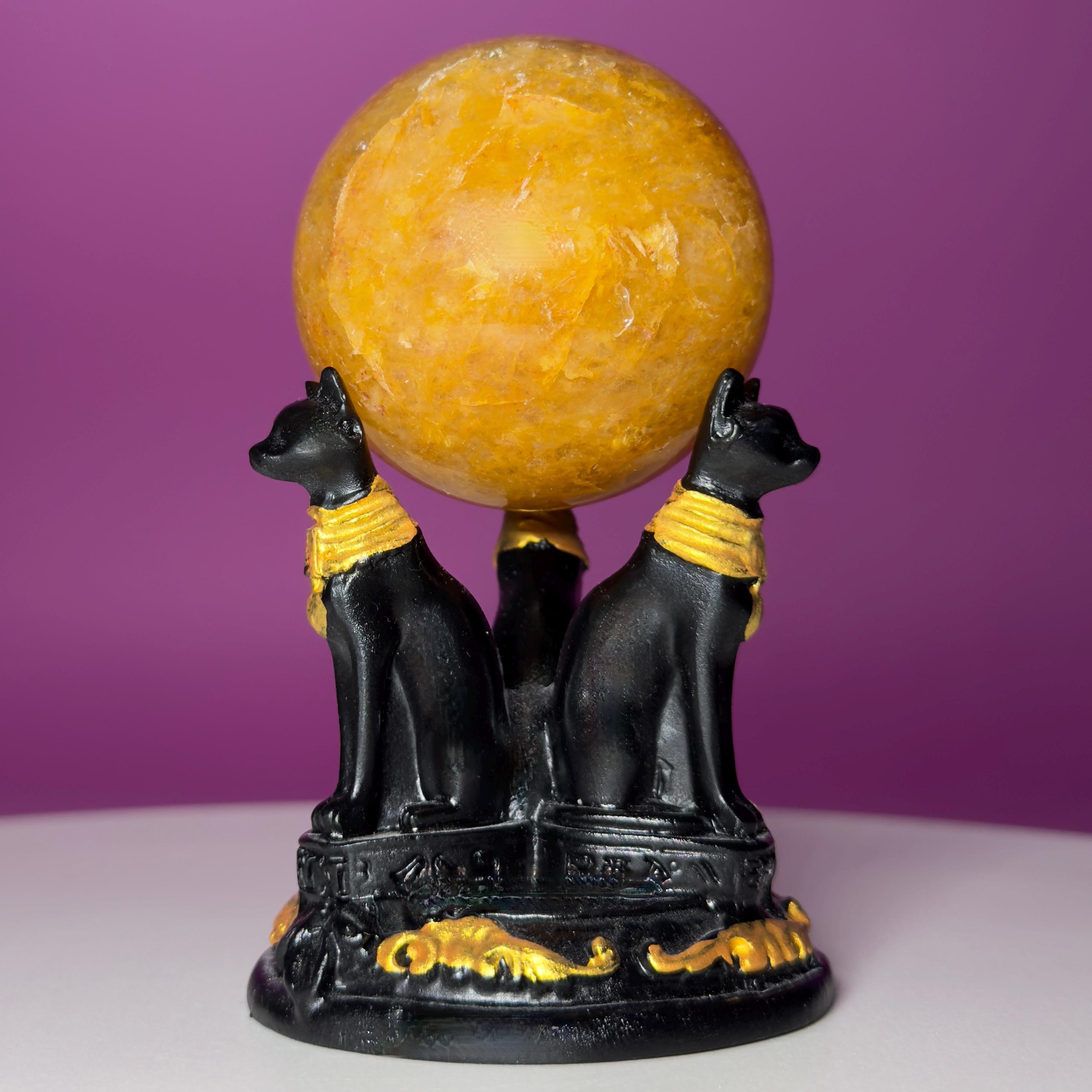 Golden Healer Quartz Sphere with Egyptian Cat Stand | 54mm