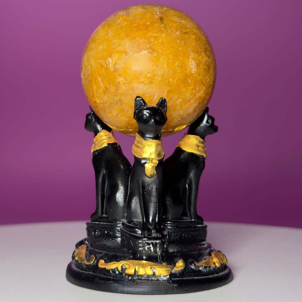 Golden Healer Quartz Sphere with Egyptian Cat Stand | 54mm