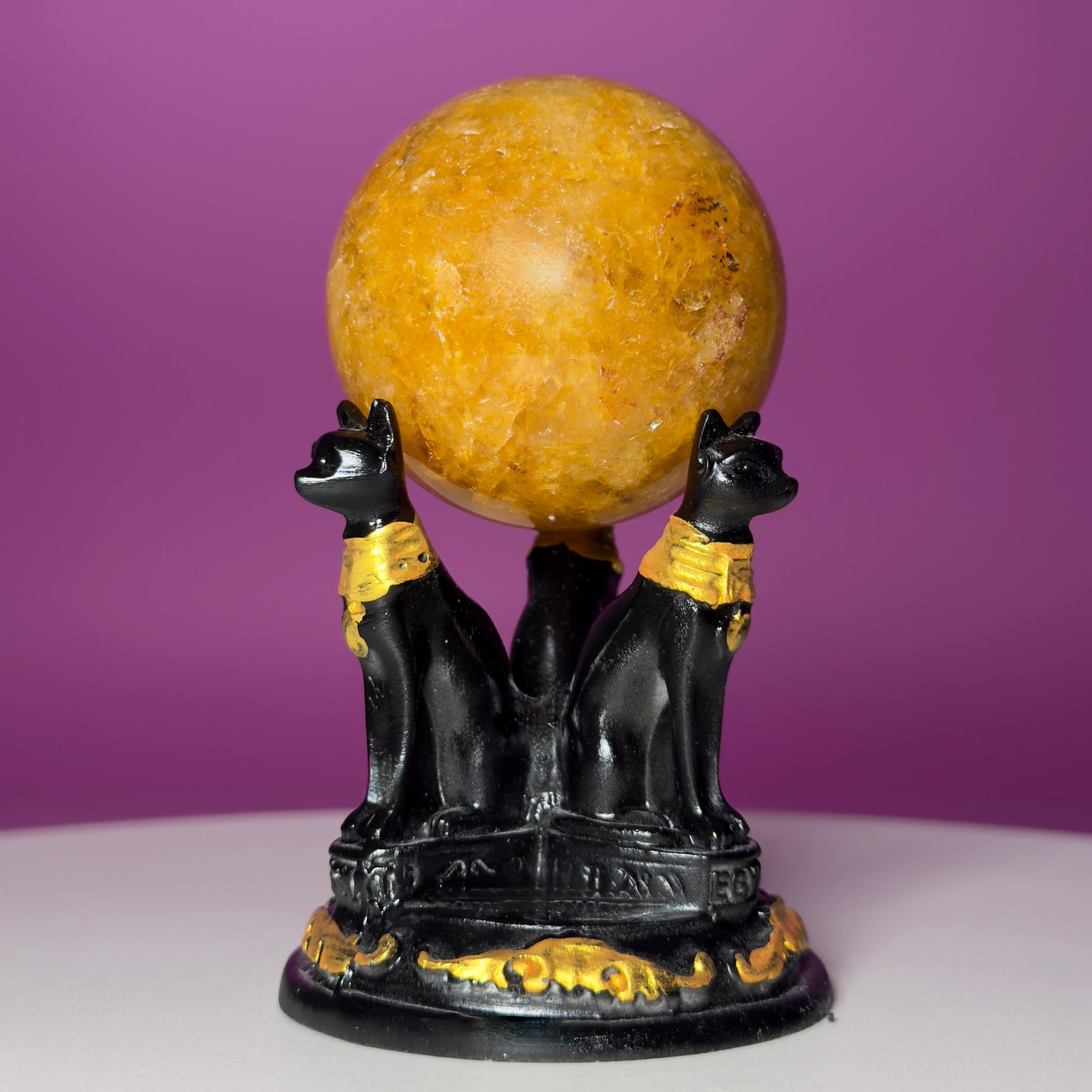 Golden Healer Quartz Sphere with Egyptian Cat Stand | 54mm