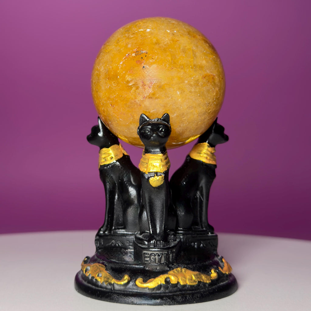 Golden Healer Quartz Sphere with Egyptian Cat Stand | 54mm