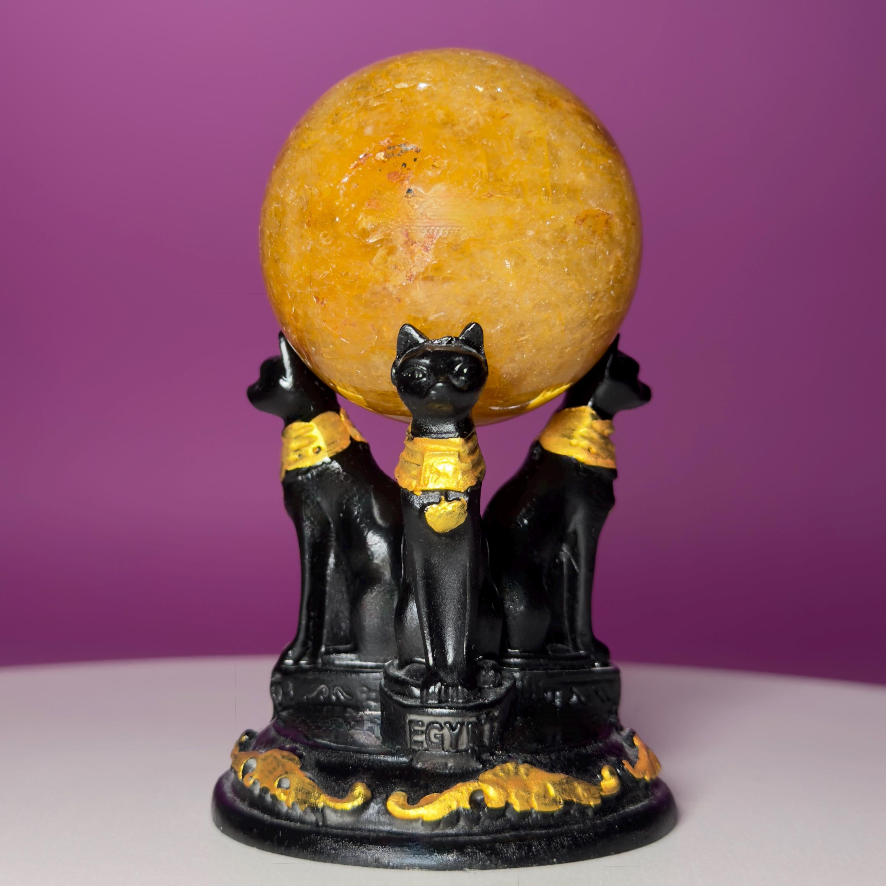 Golden Healer Quartz Sphere with Egyptian Cat Stand | 54mm