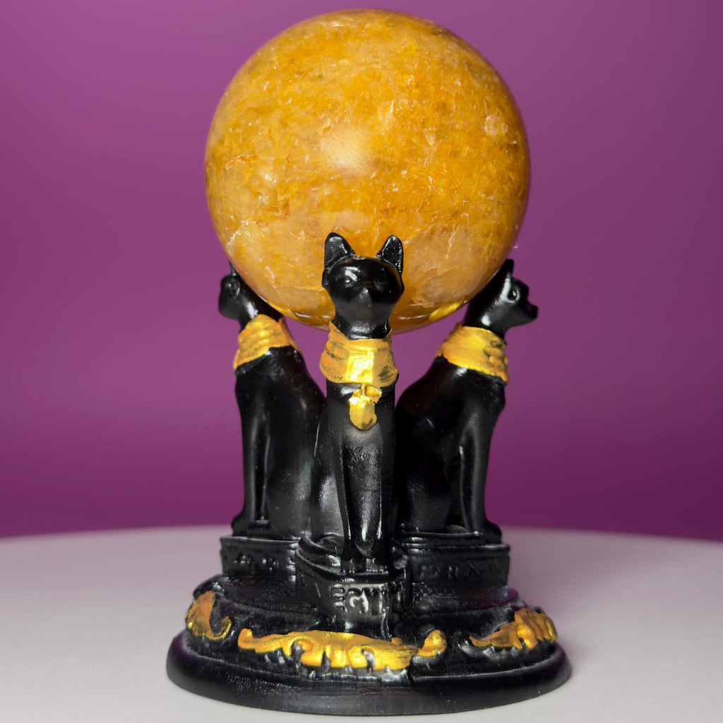 Golden Healer Quartz Sphere with Egyptian Cat Stand | 54mm