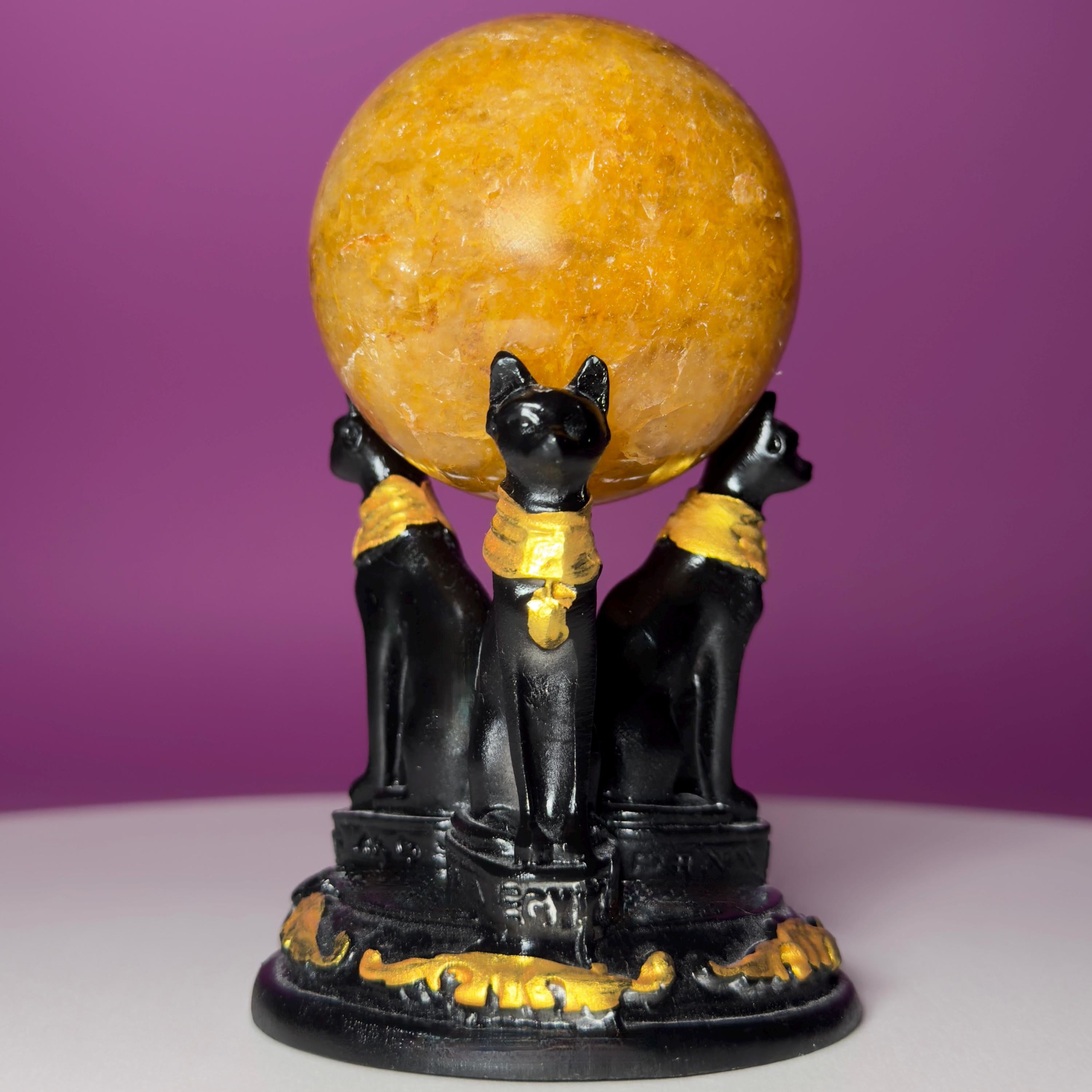 Golden Healer Quartz Sphere with Egyptian Cat Stand | 54mm