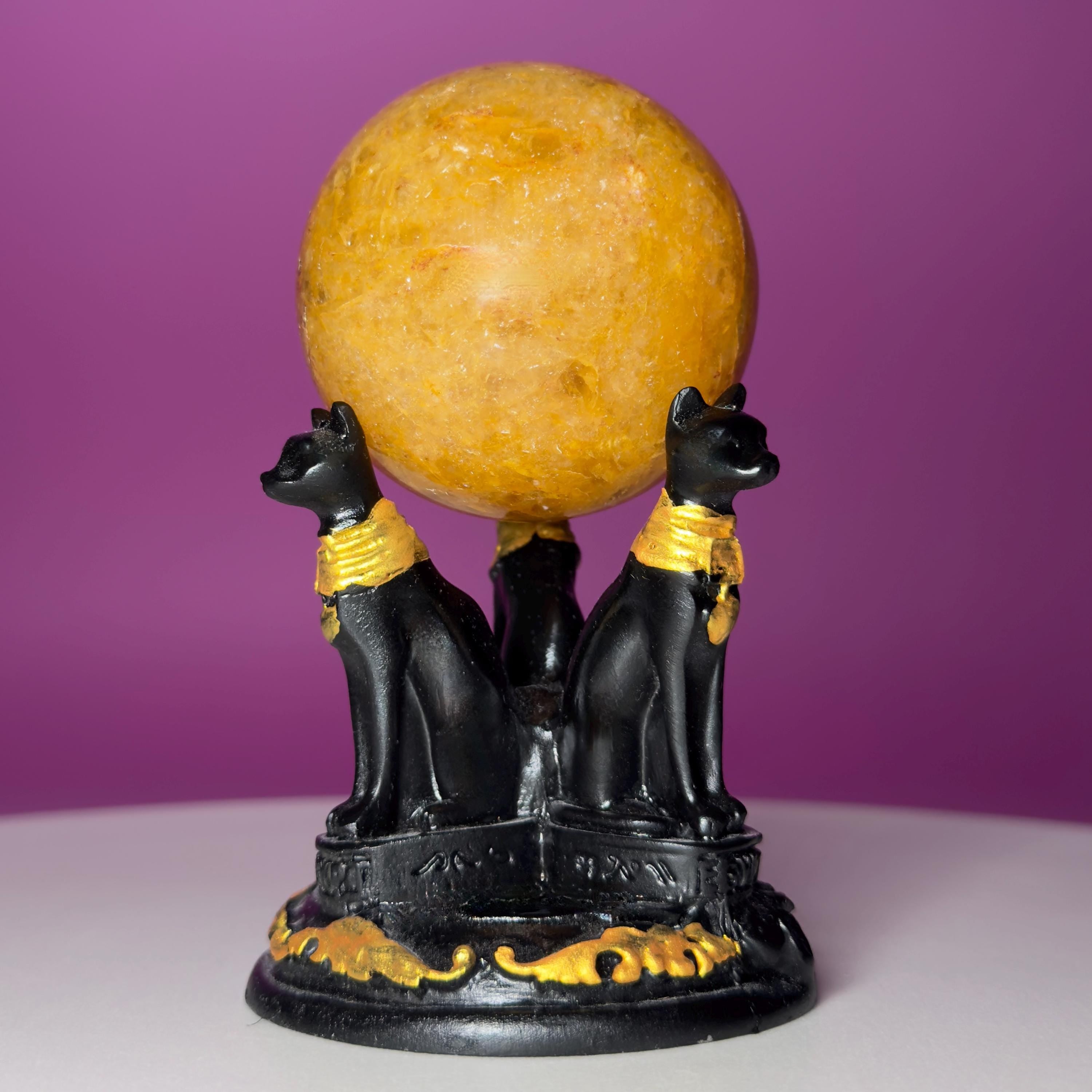 Golden Healer Quartz Sphere with Egyptian Cat Stand | 54mm