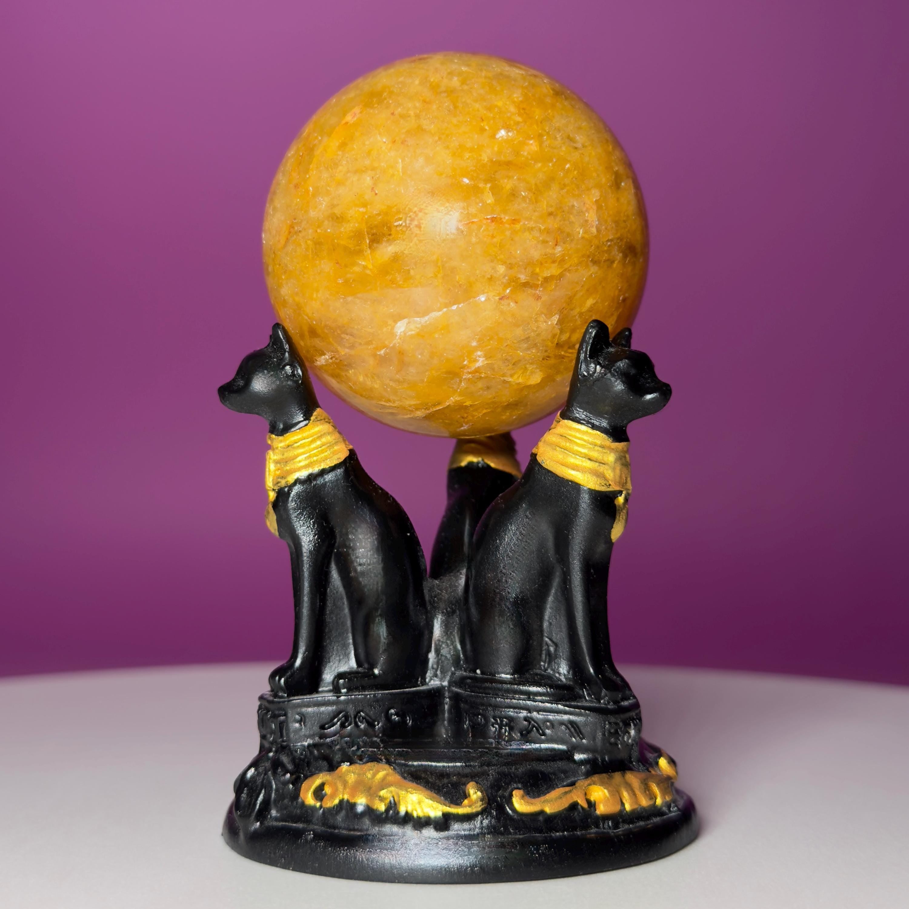 Golden Healer Quartz Sphere with Egyptian Cat Stand | 54mm