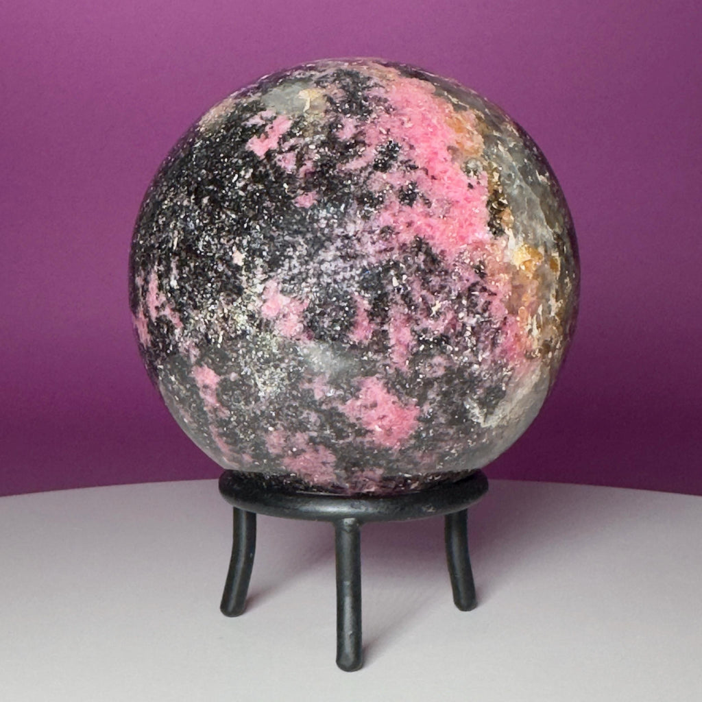 Large Rhodonite Sphere with Wrought Iron Display Stand