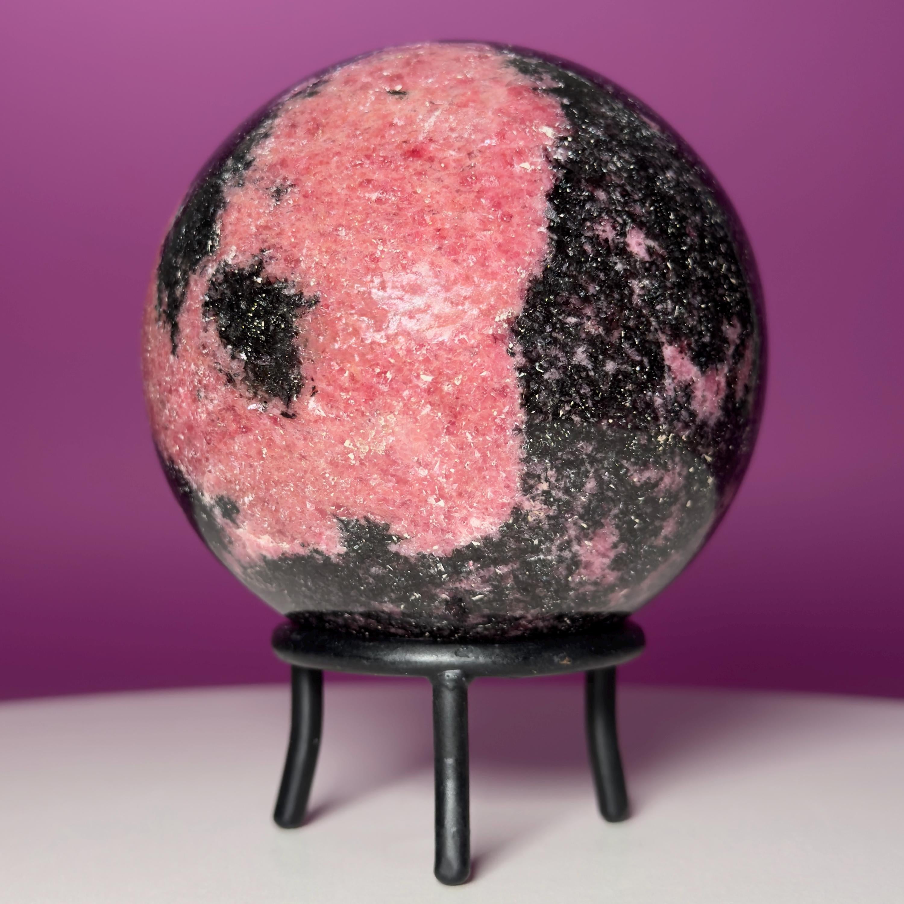 Large Rhodonite Sphere with Wrought Iron Display Stand