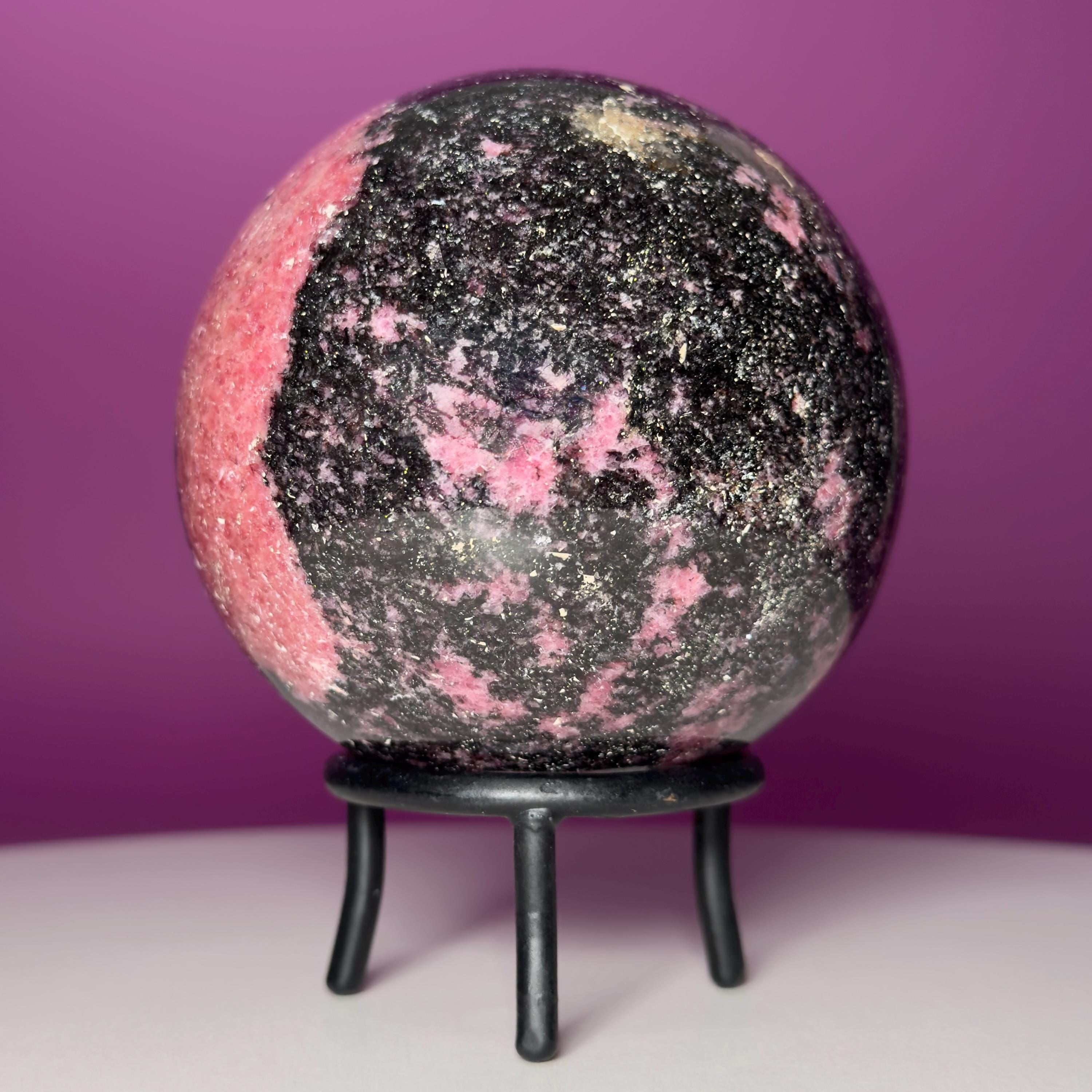 Large Rhodonite Sphere with Wrought Iron Display Stand