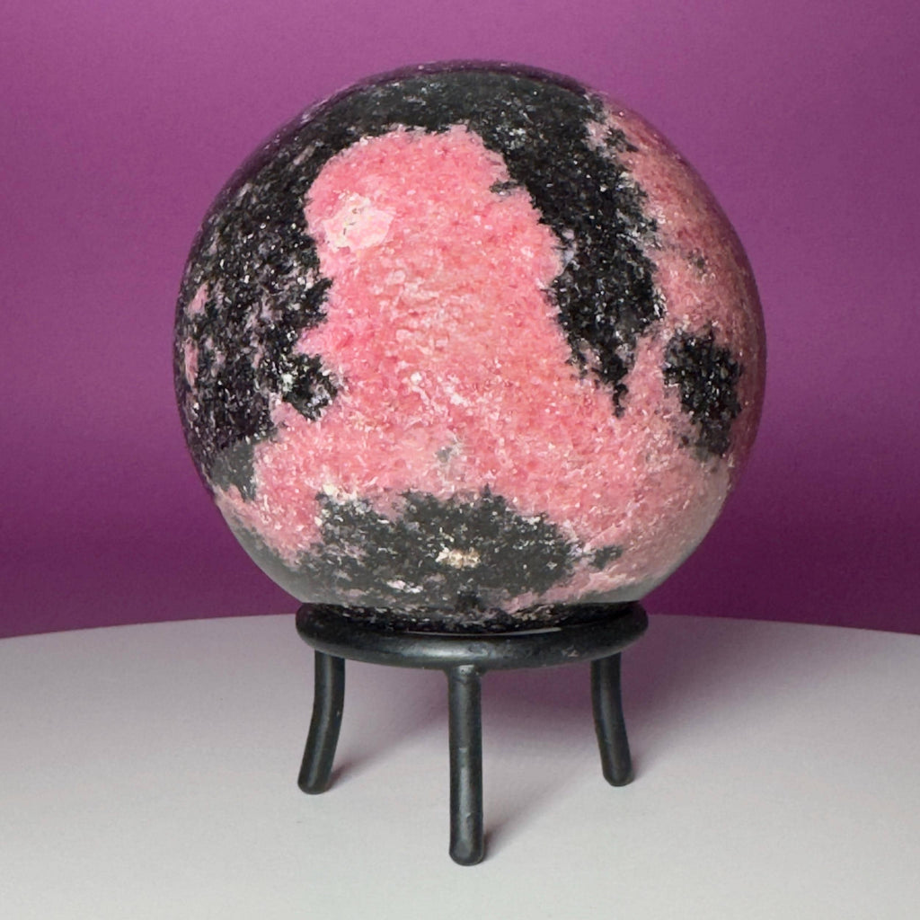 Large Rhodonite Sphere with Wrought Iron Display Stand
