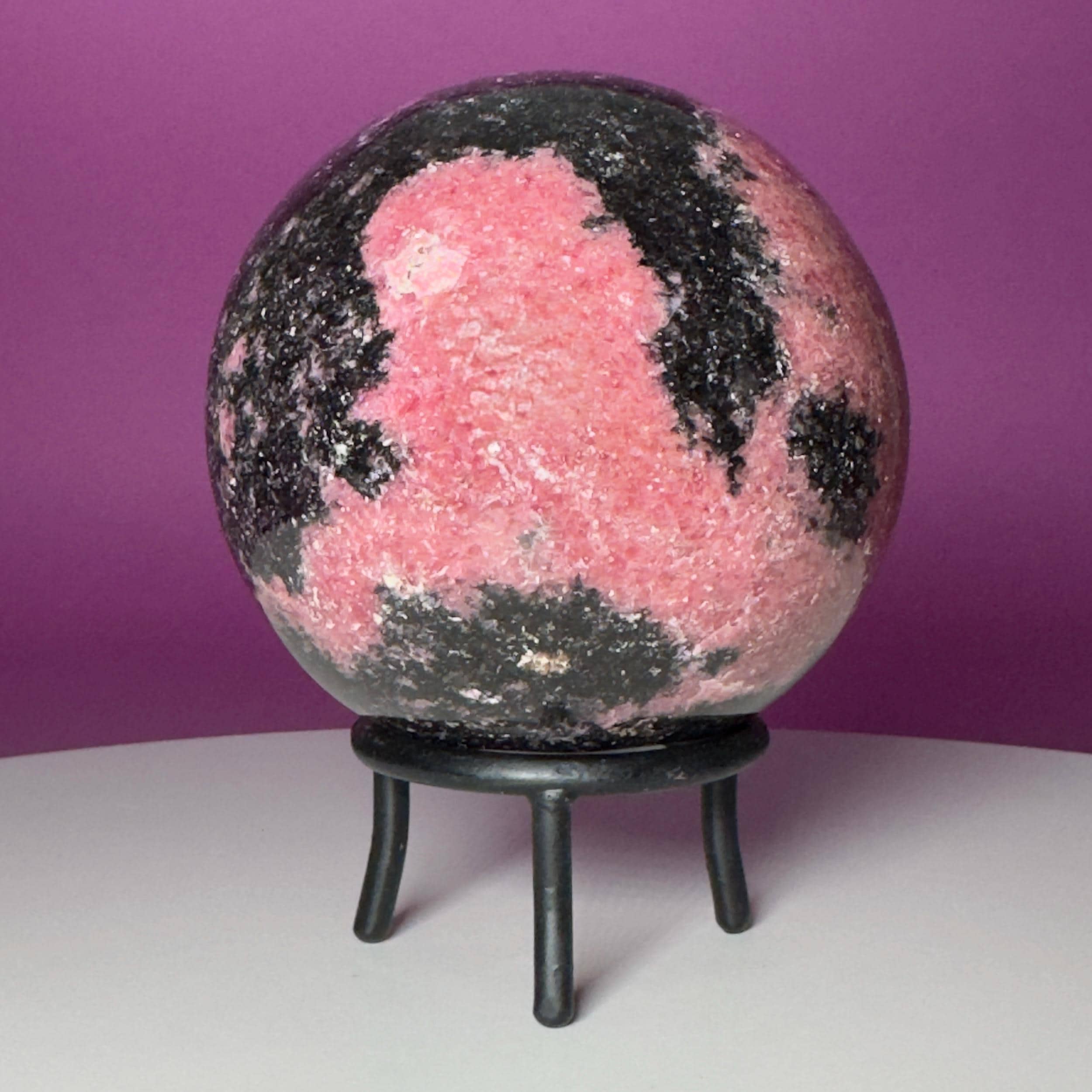 Large Rhodonite Sphere with Wrought Iron Display Stand