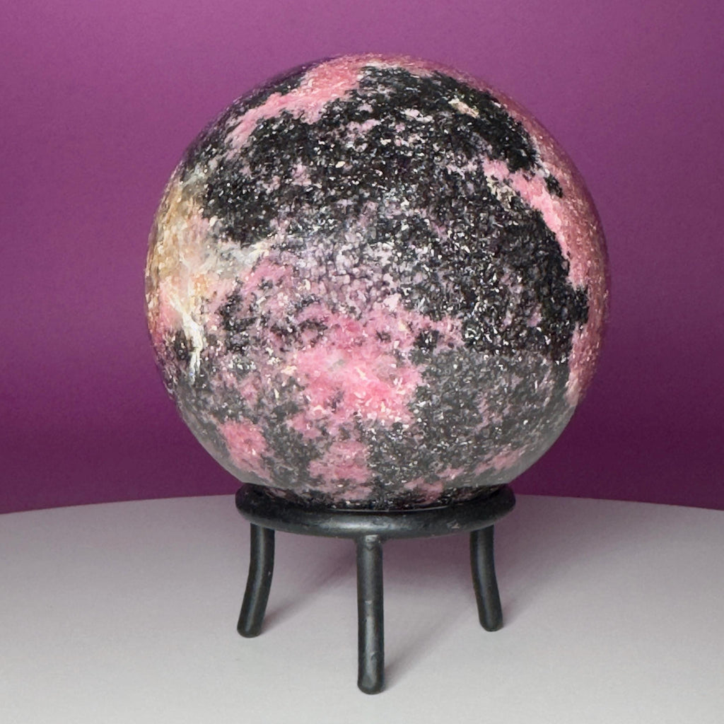 Large Rhodonite Sphere with Wrought Iron Display Stand