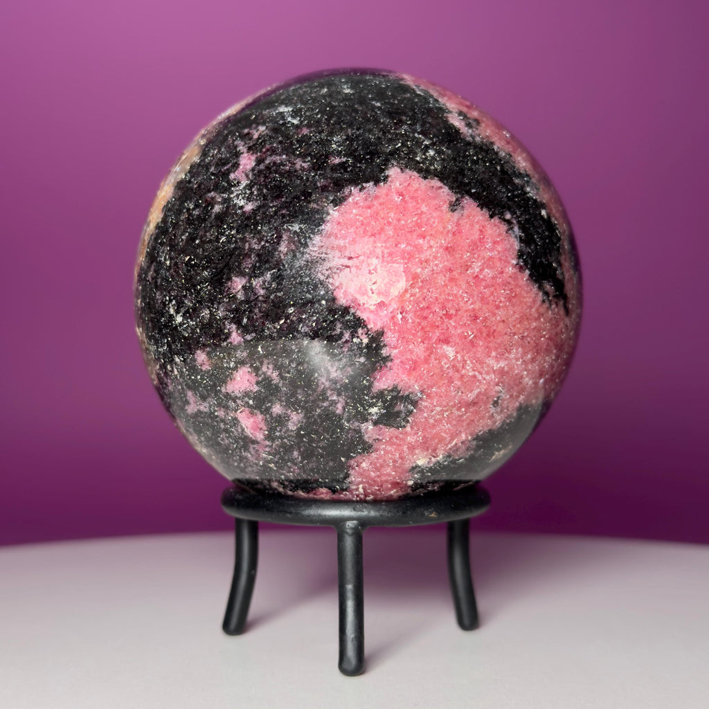 Large Rhodonite Sphere with Wrought Iron Display Stand