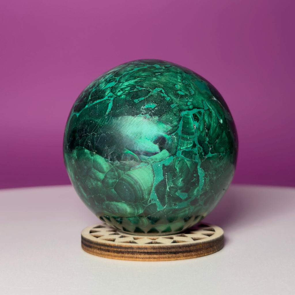 Malachite Sphere with Wood Stand, Natural Green Crystal Sphere 65mm