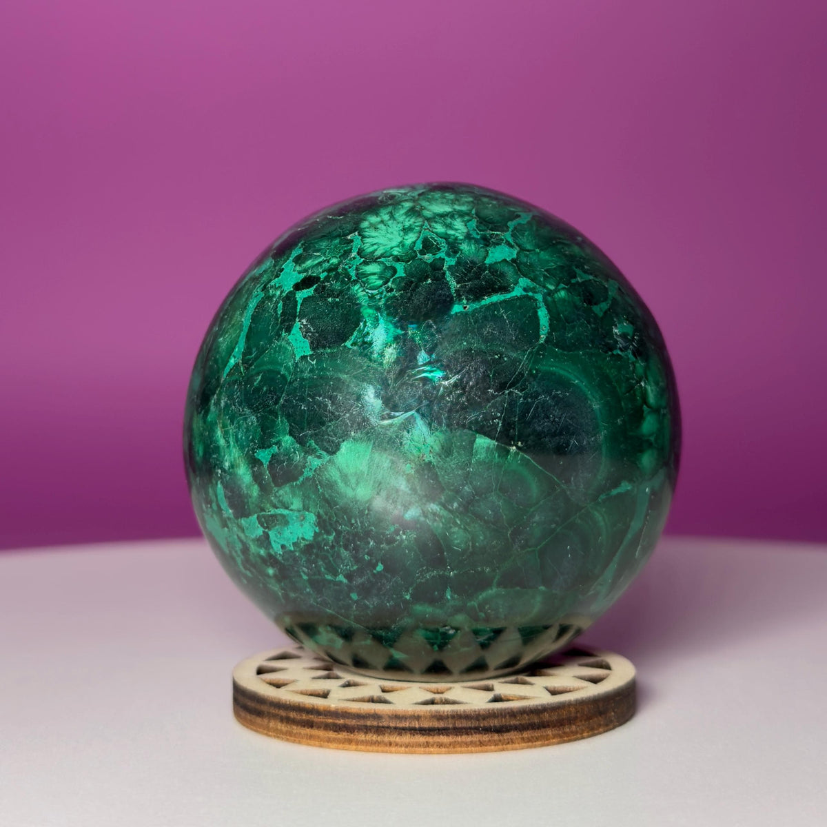 Malachite Sphere with Wood Stand, Natural Green Crystal Sphere 65mm
