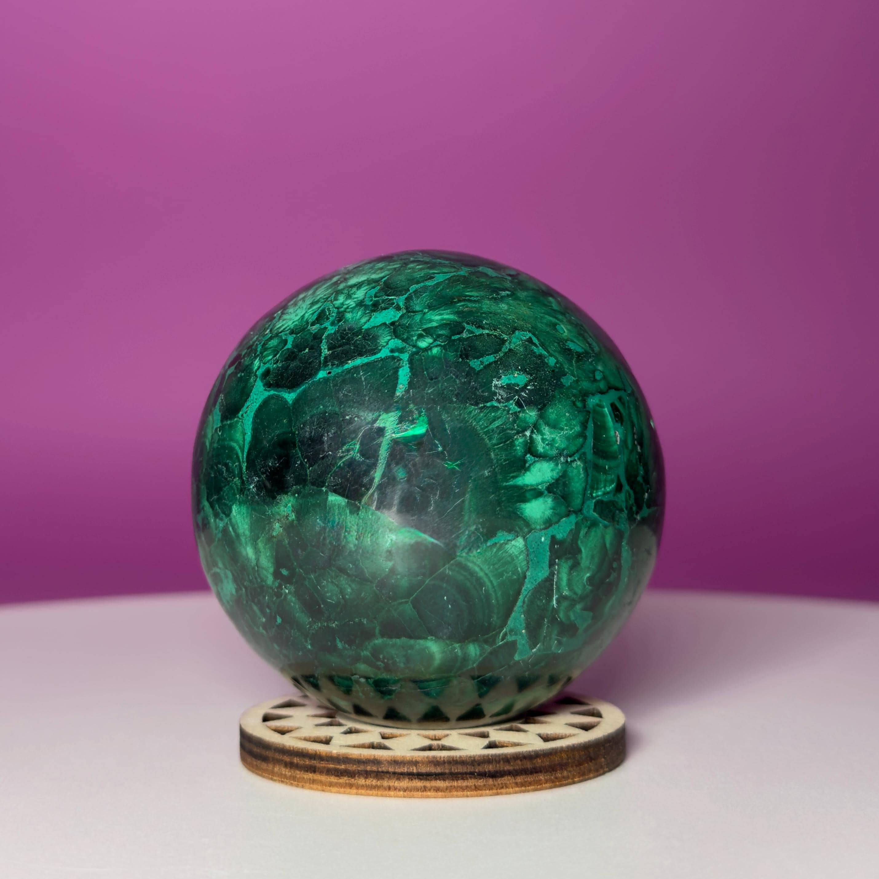 Malachite Sphere with Wood Stand, Natural Green Crystal Sphere 65mm