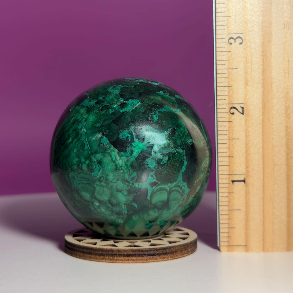 Malachite Sphere with Wood Stand, Natural Green Crystal Sphere 65mm