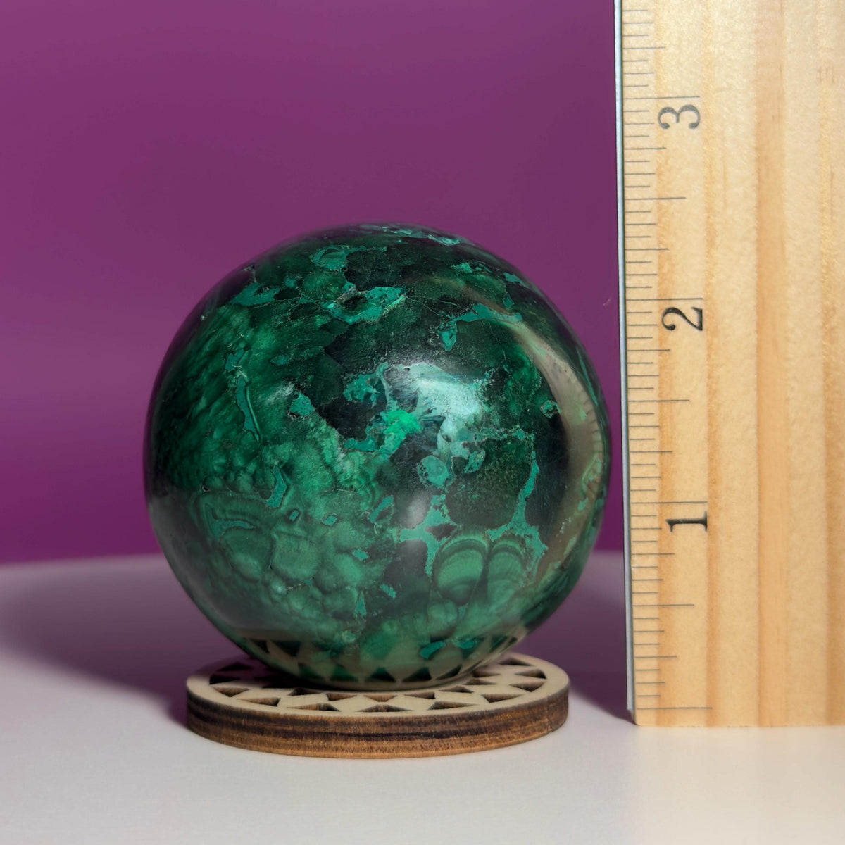 Malachite Sphere with Wood Stand, Natural Green Crystal Sphere 65mm