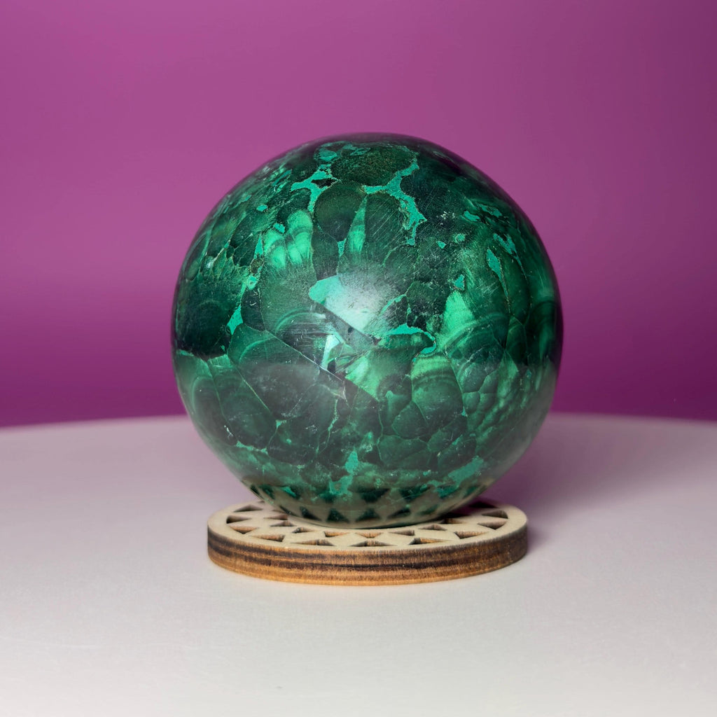 Malachite Sphere with Wood Stand, Natural Green Crystal Sphere 65mm