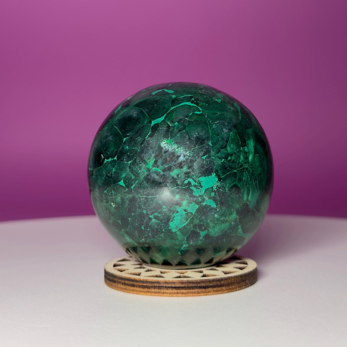 Malachite Sphere with Wood Stand, Natural Green Crystal Sphere 65mm